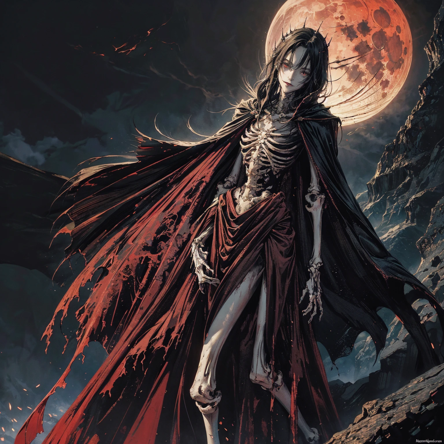 full-body shot, best quality, 4K, high resolution, masterpiece, Very detailed, Mood lighting, An undead girl in a long cape, Whole body including hands & arms & legs & feet are all skeleton bones but except the head is still beautiful human face, Wearing a ragged gothic skirt, Aloofness emotion, Dangerous sneer, Beautiful but cruel smile, Black Hair, Standing, Facing the camera, Crucified, Pitch black sky, Blood-red moon, strange atmosphere, Gothic style, Unforgettable beauty, Dramatic shadows, Ethereal Light, Mysterious atmosphere.