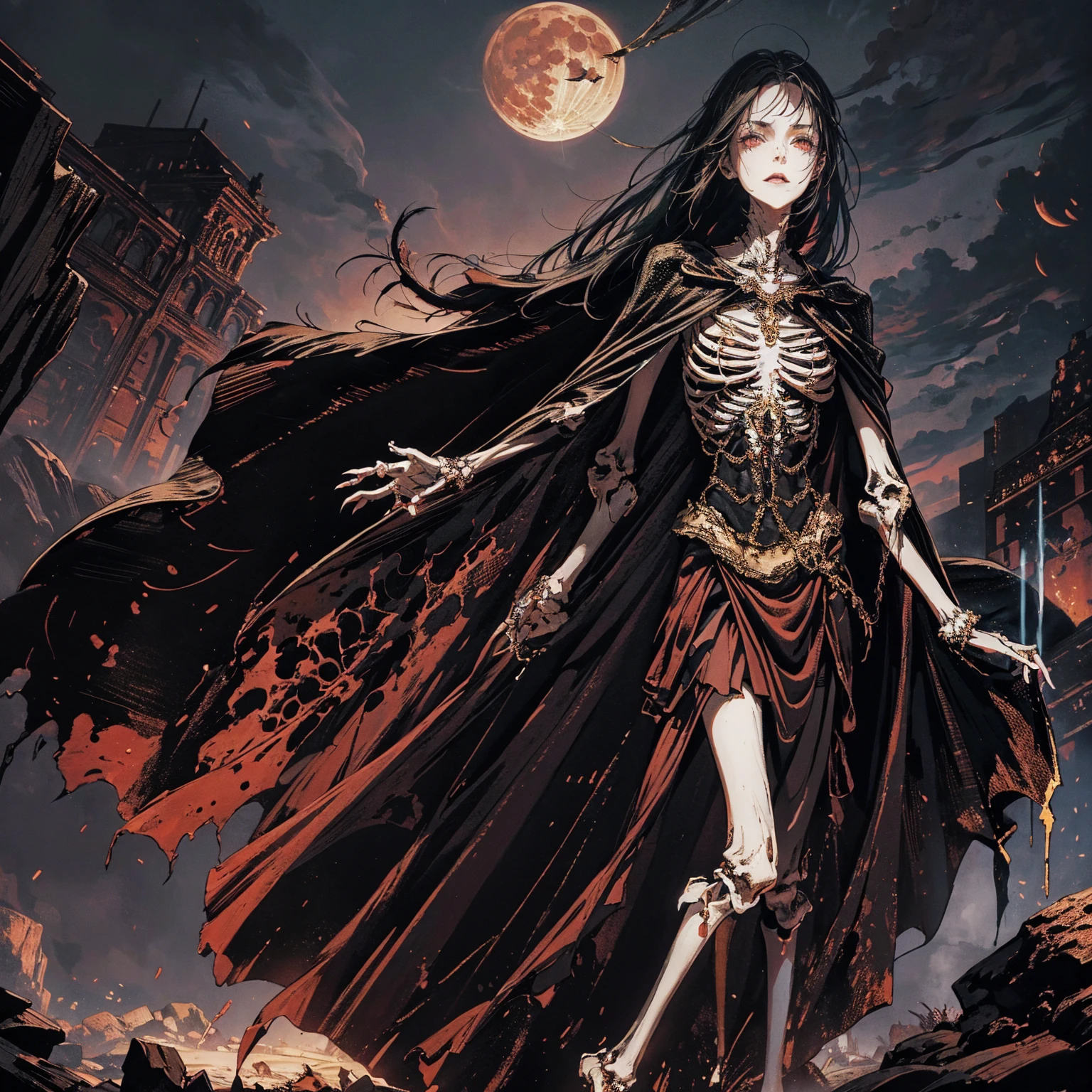 full-body shot, best quality, 4K, high resolution, masterpiece, Very detailed, Mood lighting, An undead girl in a long cape, Whole body including hands & arms & legs & feet are all skeleton bones but except the head is still beautiful human face, Wearing a ragged gothic skirt, Aloofness emotion, Dangerous sneer, Beautiful but cruel smile, Black Hair, Standing, Facing the camera, Crucified, Pitch black sky, Blood-red moon, strange atmosphere, Gothic style, Unforgettable beauty, Dramatic shadows, Ethereal Light, Mysterious atmosphere.