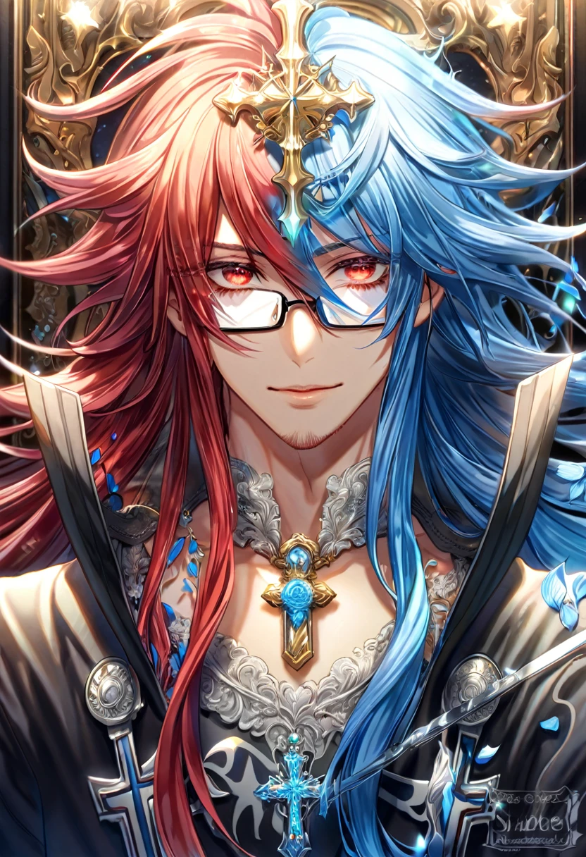 absurdres, highres, ultra detailed, HDR, master piece, Marian Cross, red messy hair, long hair, red goatee, expressive red eyes, black coat, rectangular glasses, white gloves, D.Gray-Man, sexy man, handsome, best quality, blue flowers, fantasy, solo, blue shining fireflies, blue petals, sensual, handsome smile, starry sky, shining, blue blossoms