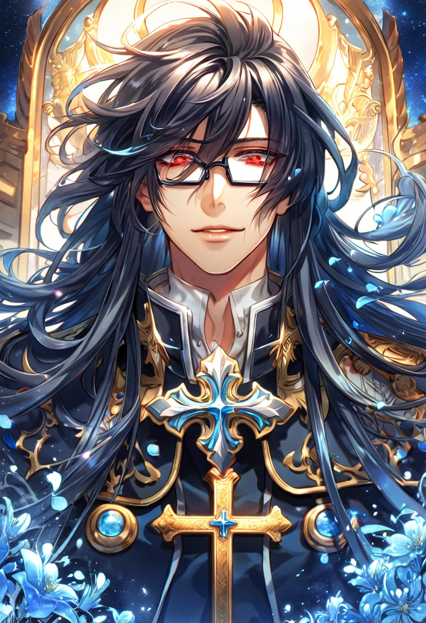 absurdres, highres, ultra detailed, HDR, master piece, Marian Cross, red messy hair, long hair, red goatee, expressive red eyes, black coat, rectangular glasses, white gloves, D.Gray-Man, sexy man, handsome, best quality, blue flowers, fantasy, solo, blue shining fireflies, blue petals, sensual, handsome smile, starry sky, shining, blue blossoms