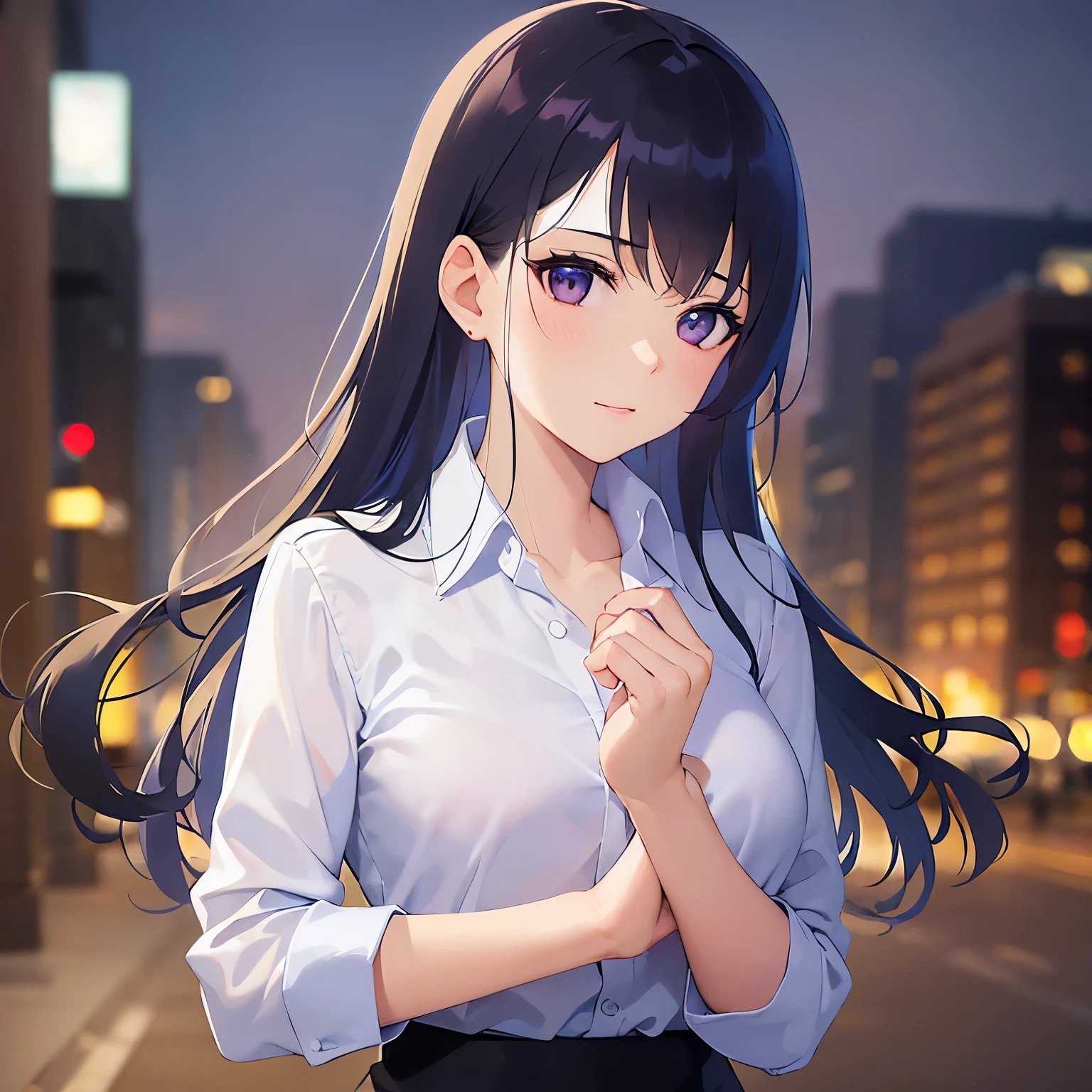 (looking at viewer:1.5),Side shot、(Hands are put together in front of the chest:1.5)、
Realistic, real person, (pale skin: 1.2), RAW photo, photorealistic, shiny skin, shiny hair、
(A 25-year-old woman with straight hair and bangs) and (medium hair) and (black hair) and (purple eyes) ,
(Wearing a business suit) and (Wearing a white collared shirt)、
Cleavage、blush,(tearful:1.2),The background is the city at night,(Night Sky:1.5)