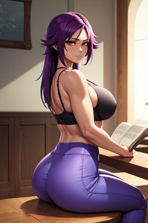 4k, masterpiece, high resolution, 3D art style, Yoruichi, 1girl, mature, long purple hair, slender hips, thick thighs, huge breast, huge round ass, sport bra and tight pant, sitting at the table reading a book, a coffe cup on the table