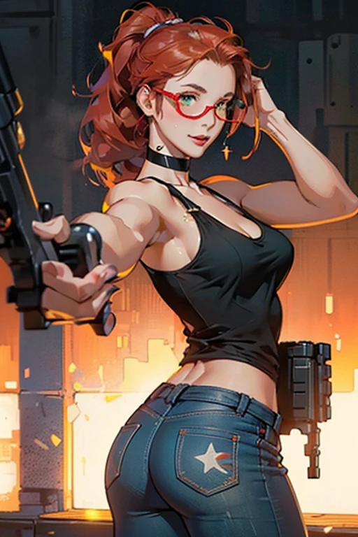 ((shooting gun:1.3)),((target practice, shooting range:1.4)).(sultry eyes, flirty smile:1.2).(ultra realistic illustration:1.3).Sexy 23yo French woman, dyed red hair, green eyes. fit, natural perky breasts, perfect round ass, (suntan). (bangs, long hair:0.8), red lipstick, ponytail, ((safety goggles, headphones)), choker, lace tank top, jeans, high heels. Masterpiece, best quality,(highly detailed:1.2),(detailed face and eyes:1.2), 8k wallpaper, depth of field, natural lighting. core shadows, high contrast, bokeh.(rule of thirds), cinematic, atmospheric, contrast, intricate,