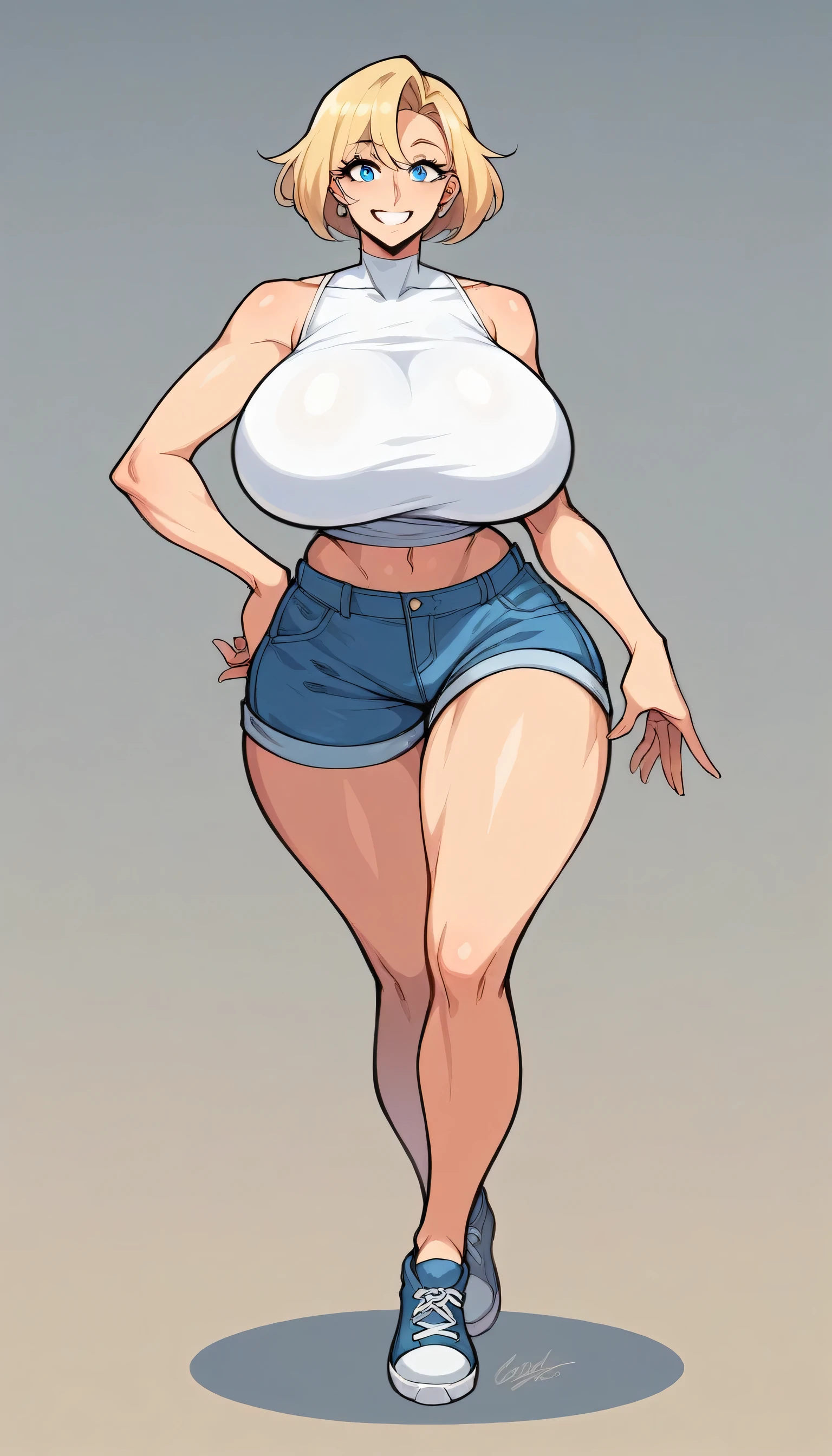 score_9, score_8_superior, score_7_superior, score_6_superior, Mature Woman, {{Super huge breasts}}, Wide Hips, Curvy, Straight hair, short hair, Blonde, blue eyes, White shirt, Sleeveless shirt, Underbust, Mind Shorts, indoor, Are standing, View your viewers, smile, Full Body View