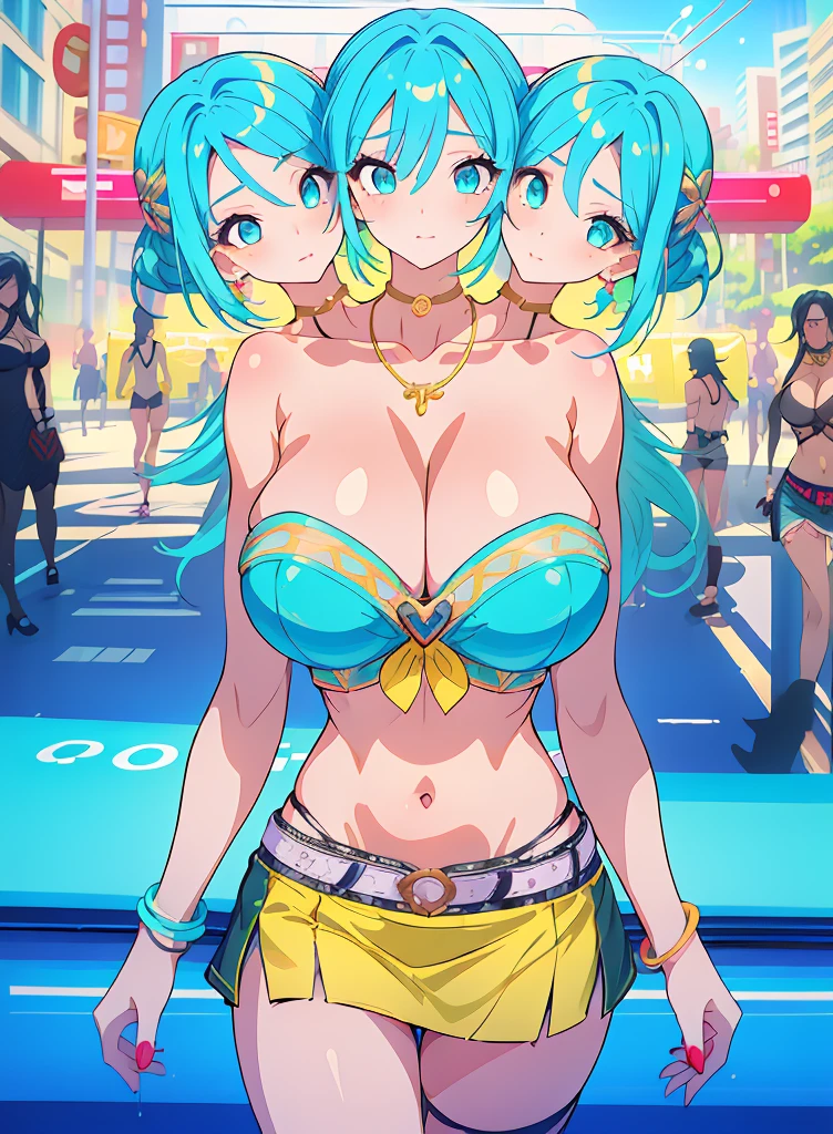 (masterpiece, best quality), best resolution, (3heads:1.5), woman, teal hair, stylish designer tube top, miniskirt, necklace and bracelets, she struts confidently through the vibrant streets of Metrocity, brilliant and eye-catching colors, urban fashion, huge tits, beautiful eyes, detailed eyes,