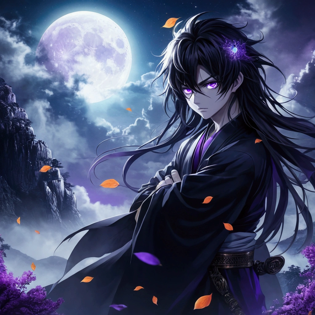 anime boy, with long hair and purple eyes standing in front of a full moon, anime wallpaper 4k, anime wallpaper 4 k, 4k anime wallpaper, anime style 4 k, hd anime wallaper, anime art wallpaper 4k, anime art wallpaper 4 k, anime wallaper, anime art wallpaper 8 k, badass anime 8 k, anime wallpaper, hd anime wallpaper, realistic image, ultra realism, perpfect detail. hyper realistic, 4K, UDH. ultra detail, Hyper maximalism, fantasy