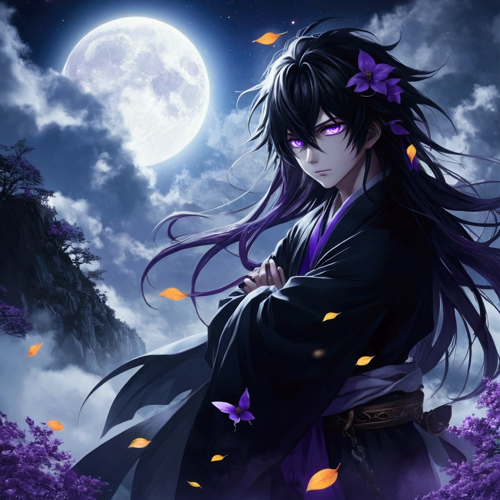anime boy, with long hair and purple eyes standing in front of a full moon, anime wallpaper 4k, anime wallpaper 4 k, 4k anime wallpaper, anime style 4 k, hd anime wallaper, anime art wallpaper 4k, anime art wallpaper 4 k, anime wallaper, anime art wallpaper 8 k, badass anime 8 k, anime wallpaper, hd anime wallpaper, realistic image, ultra realism, perpfect detail. hyper realistic, 4K, UDH. ultra detail, Hyper maximalism, fantasy