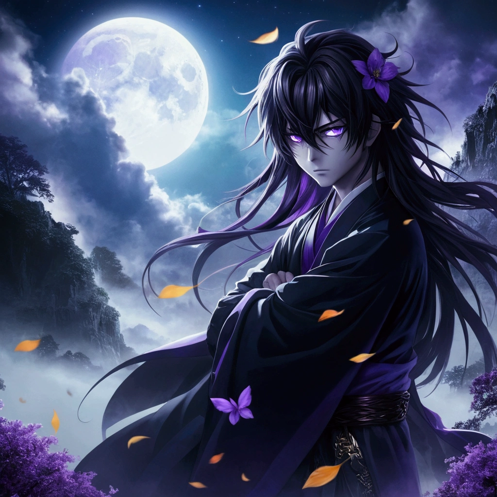 anime boy, with long hair and purple eyes standing in front of a full moon, anime wallpaper 4k, anime wallpaper 4 k, 4k anime wallpaper, anime style 4 k, hd anime wallaper, anime art wallpaper 4k, anime art wallpaper 4 k, anime wallaper, anime art wallpaper 8 k, badass anime 8 k, anime wallpaper, hd anime wallpaper, realistic image, ultra realism, perpfect detail. hyper realistic, 4K, UDH. ultra detail, Hyper maximalism, fantasy