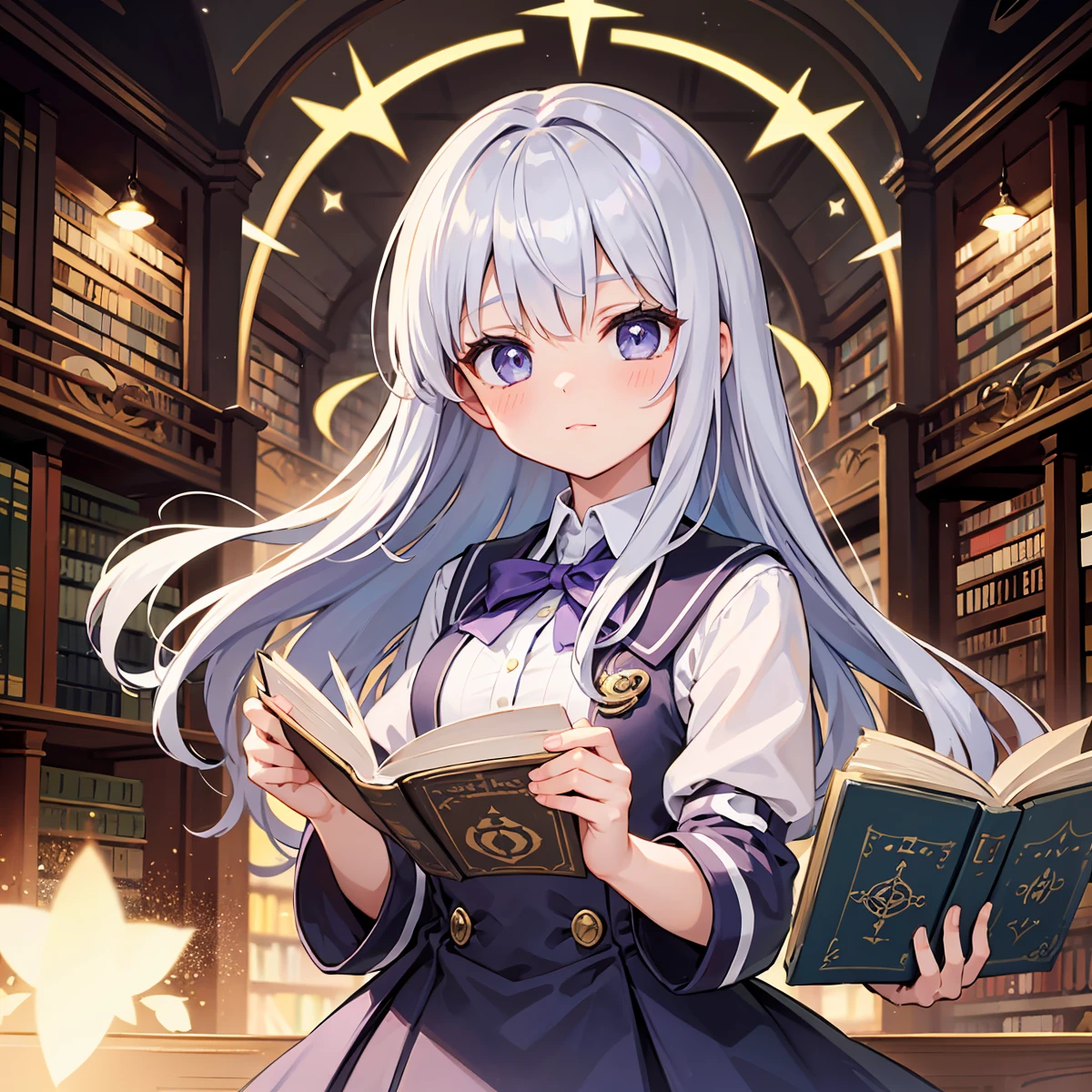 The background is an old, magical library. Tall bookshelves line the walls, filled with various spellbooks. A high school girl with silver hair stands in the center, wearing a purple sailor uniform. Her eyes are a bright blue, giving her an intelligent aura. She holds an old spellbook in her hand, turning its pages. The background is illuminated with magical light, creating a mystical atmosphere. Around her, floating magical symbols and stars are scattered.