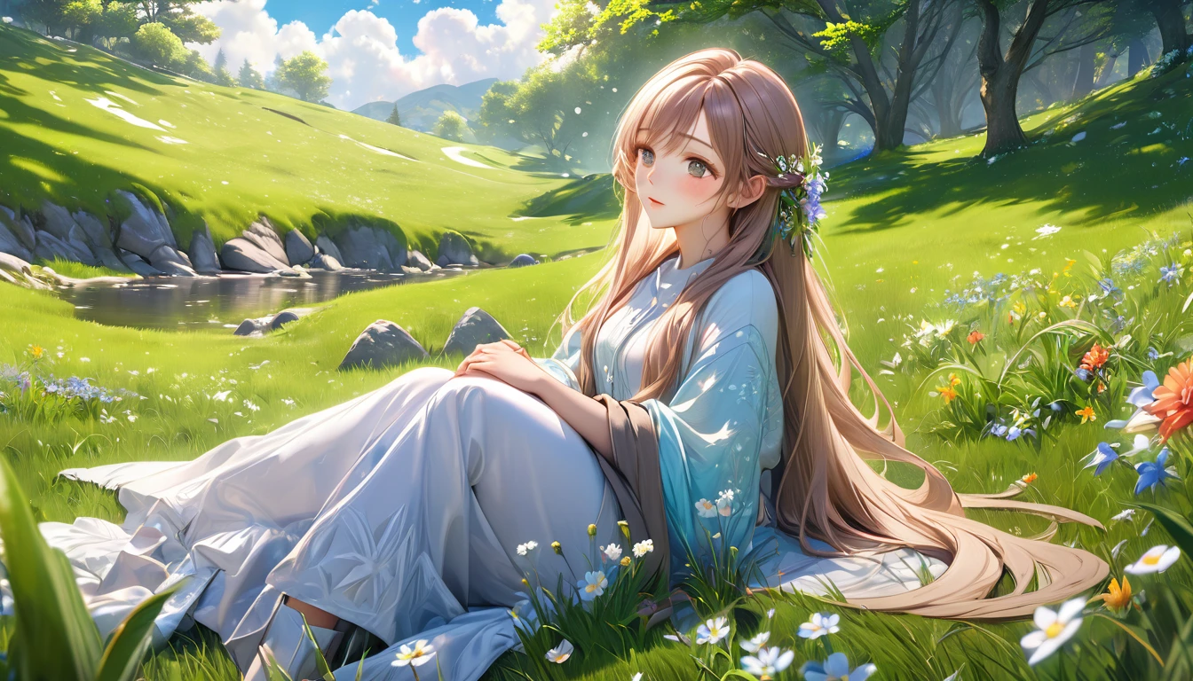 A beautiful anime-style grassy meadow, with a melting snow-covered spring, warm sunlight filtering through the clouds, lush green grass, delicate wildflowers, a gentle breeze, 1girl sitting by the spring, detailed facial features, long flowing hair, peaceful expression, detailed clothing, (best quality,8k,highres,masterpiece:1.2),ultra-detailed,(realistic,photorealistic,photo-realistic:1.37),vibrant colors,natural lighting,serene,idyllic,tranquil,long shot