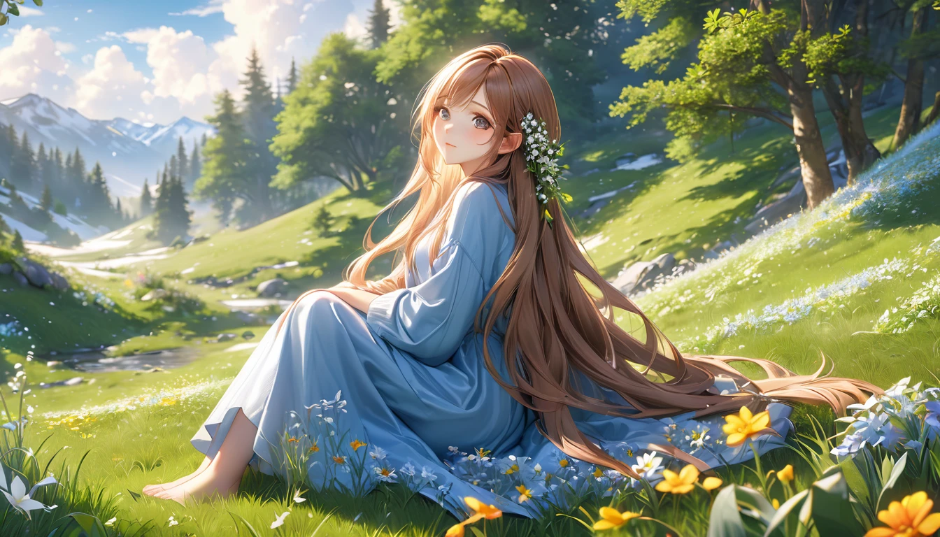 A beautiful anime-style grassy meadow, with a melting snow-covered spring, warm sunlight filtering through the clouds, lush green grass, delicate wildflowers, a gentle breeze, 1girl sitting by the spring, detailed facial features, long flowing hair, peaceful expression, detailed clothing, (best quality,8k,highres,masterpiece:1.2),ultra-detailed,(realistic,photorealistic,photo-realistic:1.37),vibrant colors,natural lighting,serene,idyllic,tranquil,long shot