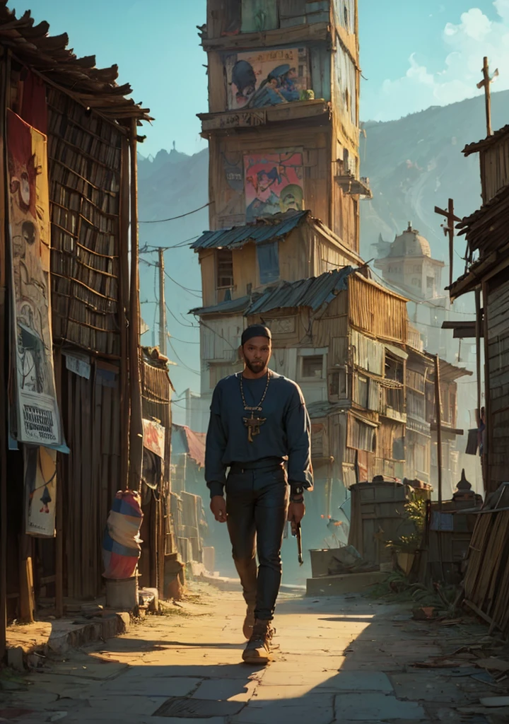 painting of a man walking down a street with a cross on his head, graffiti de Camilo Mori, instagramart, streetart, Location ( shanty town ), breathtaking art, ( ( ( ( ( E Mumford ) ) ) ) ), painting by E Mumford, shanty towns, work of art about a road to , cyberpunk jesus christ, el bosco and E Mumford