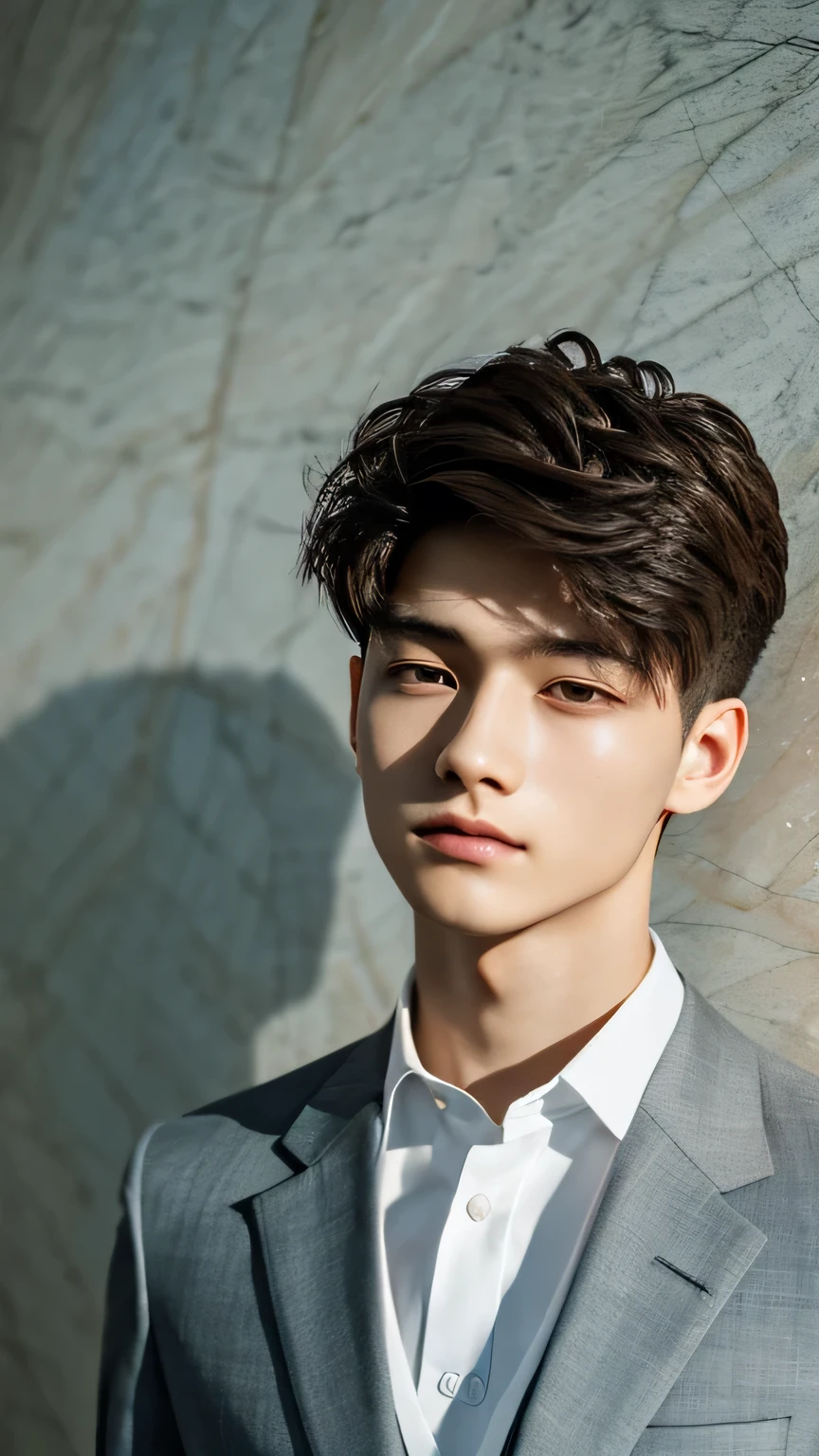 Highest quality, masterpiece, Ultra-high resolution, (Realistic: 1.4), Original photo, wallpaper, Head Photo, skin, Simple Background, Iris, detailed, Selfie, 1 boy, 18-year-old, good looking, Wind,suit