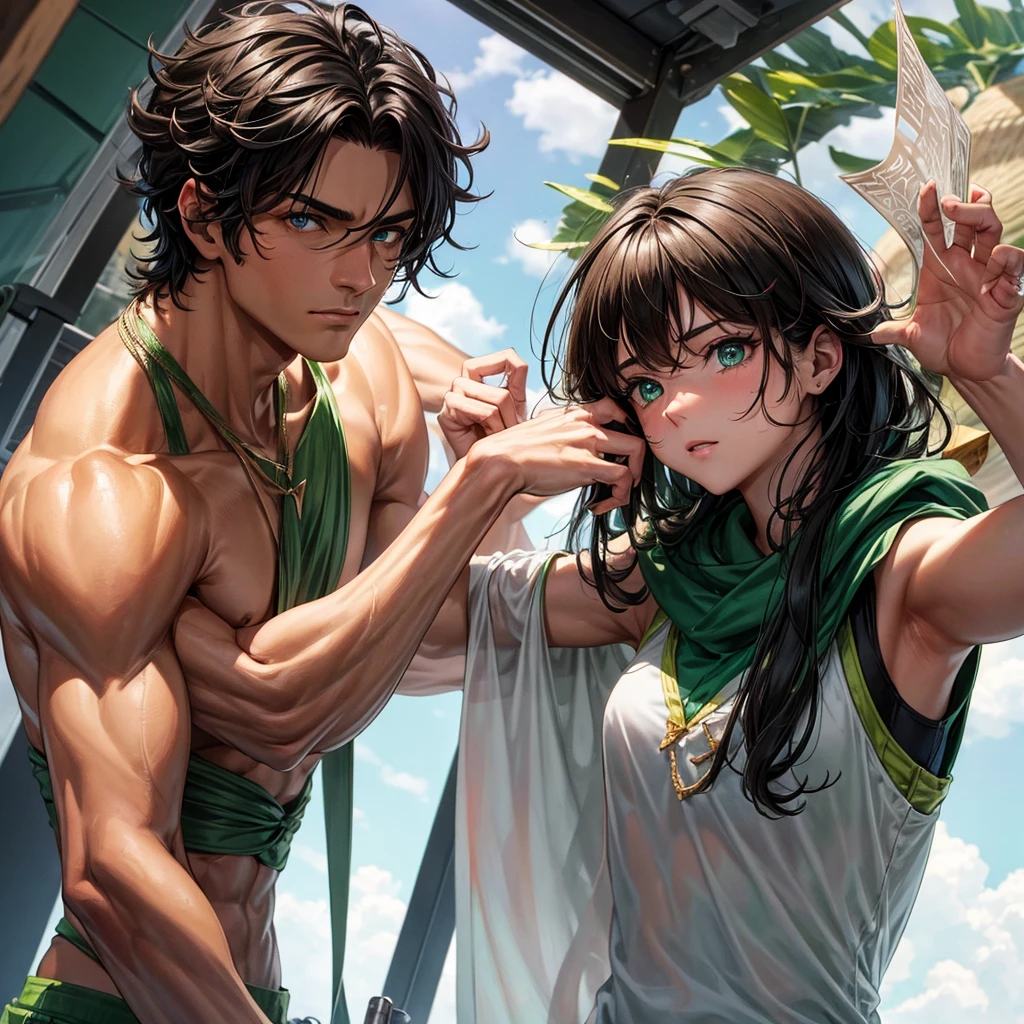 man measures 1.85 meters, He has an athletic build and tanned skin. His eyes are an emerald green tone., and her dark brown hair is short and slightly wavy.