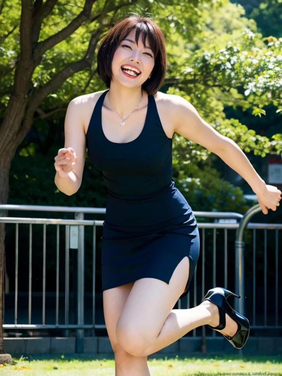(RAW Photos:1.2), (Realistic:1.4),Beautiful detailed woman,非常にfine grainと顔, fine grain, Very detailed,High resolution, Very detailed,Highest quality,Raise your consciousness,Unified,8k wallpaper,masterpiece,Highest quality,1 female,alone,rich,Whole Body Ezbian,Toned figure,;Foot meat,Tight waist,alone,（Blue one-piece skirt,High heels）,Jewelry Necklace Short Hair,A kind smile,(((open mouth)))A dignified atmosphere,black eye,Realistic,Central Park , (Morning Park:1.1)