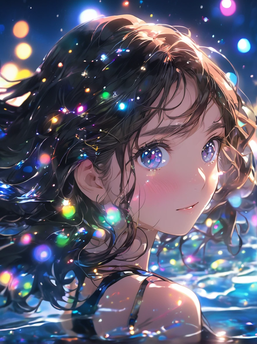 Side Focus, Eyes focus, Cute Face, masterpiece, Highest quality, Sharp focus, Ultra-high resolution, One girl, Long brown hair, Glancing sideways at the viewer, Standing in water, Wearing a black bra, Colorful lights, Sparkling eyes, blue night, colorful galaxy lights, Landscape, Upper Body, Night view,