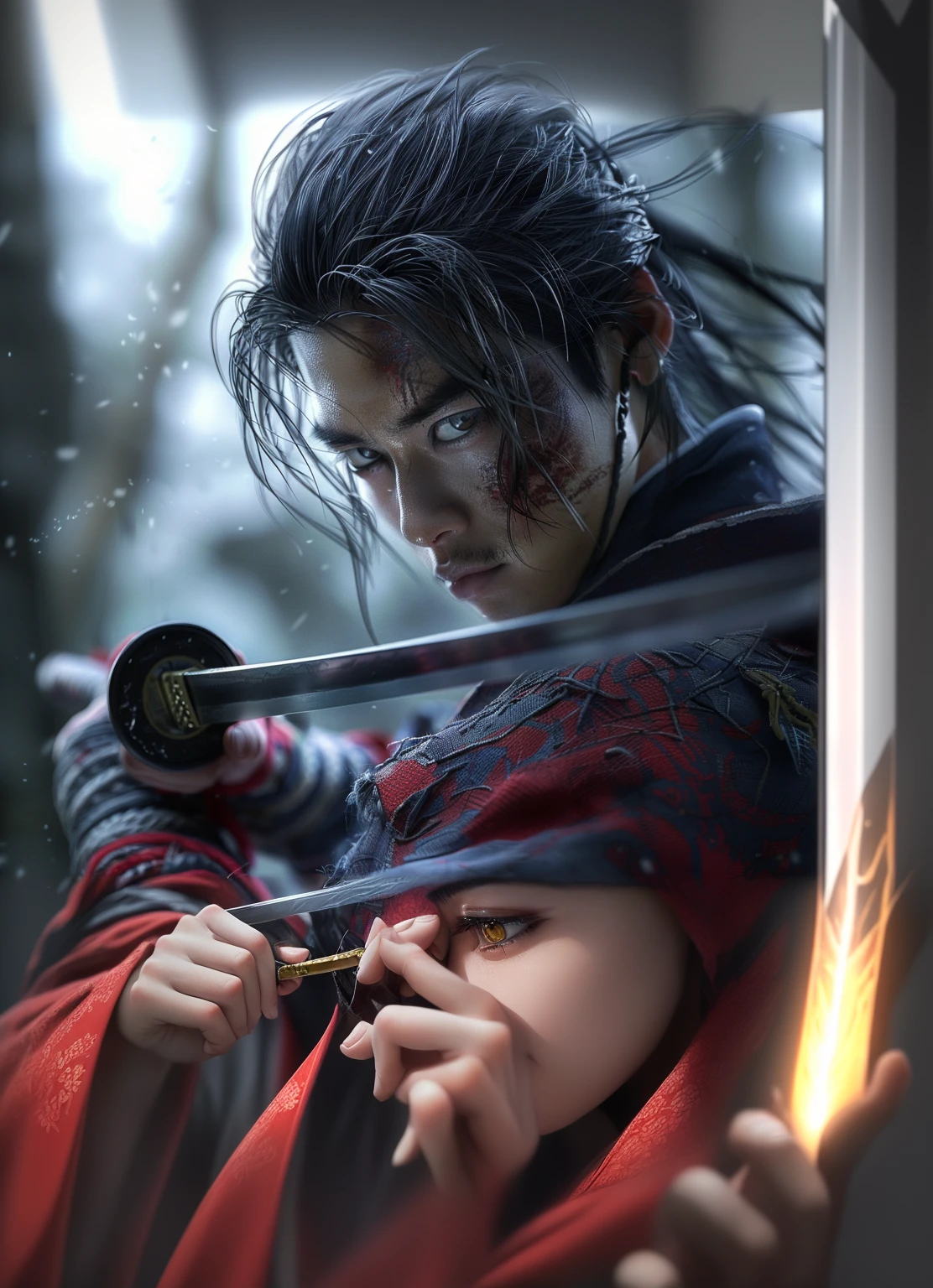 Extending the red and black kimono, drawing the tip of the sword,