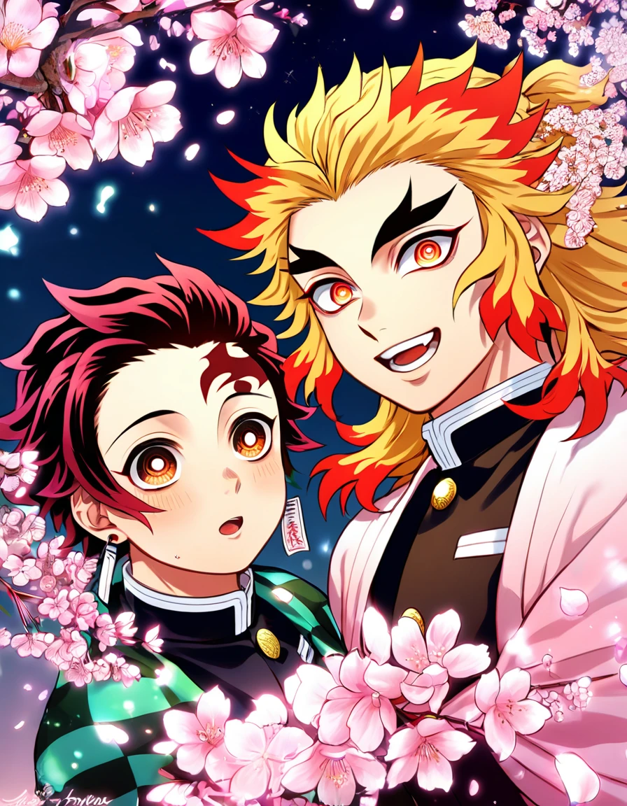 absurdres, highres, ultra detailed, HDR, master piece, best quality, extremely detailed, Kamado Tanjirou, red burgundy hair, expressive red eyes, Kimetsu No Yaiba, Rengoku Kyojuro, blonde hair, expressive orange eyes, two sexy men together, yaoi, gay couple, handsome, smile, demon slayer uniform, fantasy, magical, sparkling, pink glittering fireflies, pink ice, pink ice butterflies, pink ice petals, pink ice cherry blossoms, pink crystal