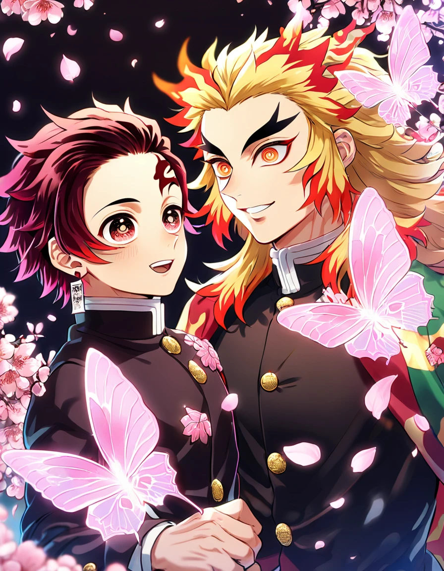 absurdres, highres, ultra detailed, HDR, master piece, best quality, extremely detailed, Kamado Tanjirou, red burgundy hair, expressive red eyes, Kimetsu No Yaiba, Rengoku Kyojuro, blonde hair, expressive orange eyes, two sexy men together, yaoi, gay couple, handsome, smile, demon slayer uniform, fantasy, magical, sparkling, pink glittering fireflies, pink ice, pink ice butterflies, pink ice petals, pink ice cherry blossoms, pink crystal