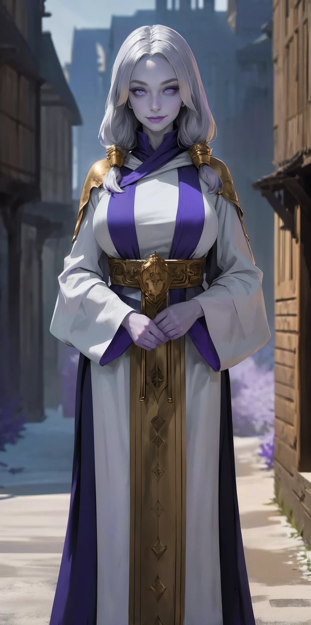 (Triplets)(chest covered)(smile)Gray skin, pale golden hair and violet eyes. They prefer clothing of white and silver with cloaks of deep blue or purple,village background, huge_knockers, ((very precise detailed)), ((highres)