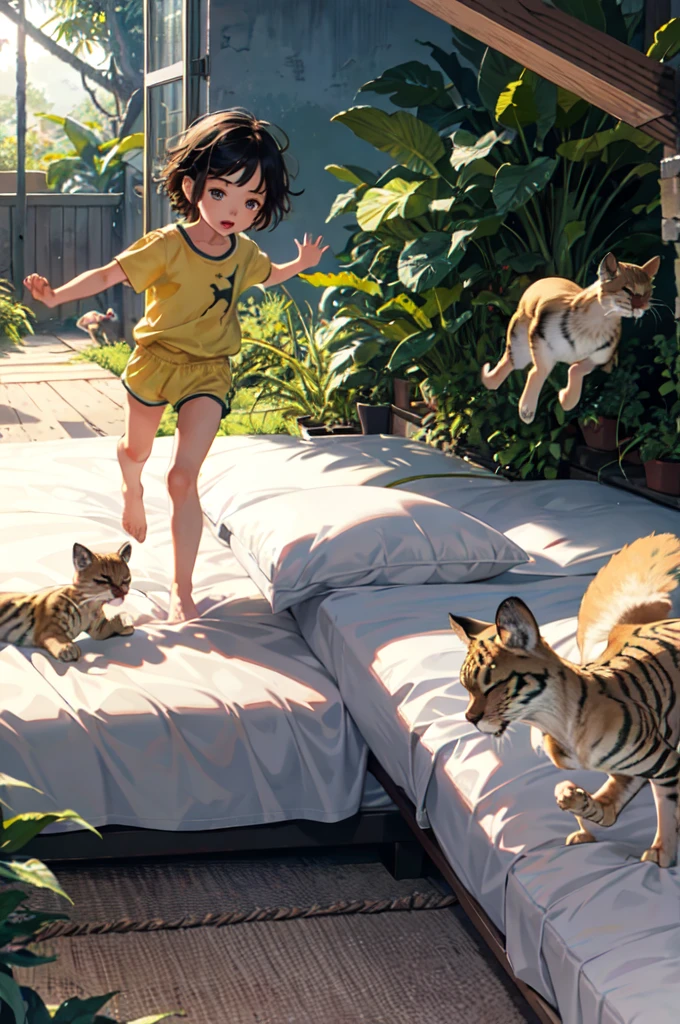 Little girl(  with short hair asleep in bed dreaming that she is running because a puma is chasing her in the jungle)