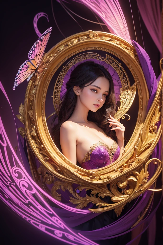 A mesmerizing 3D artwork that showcases the name "Neide Rocha" in exquisite, golden, ornate letters. The name stands out amidst the swirling purple and pink hues, with a graceful butterfly fluttering to the left. A radiant, vibrant heart glows to the right, adding warmth and emotion to the composition. Smaller hearts and intricate decorative elements are intertwined throughout, creating a sense of depth and complexity in this stunning, captivating masterpiece.