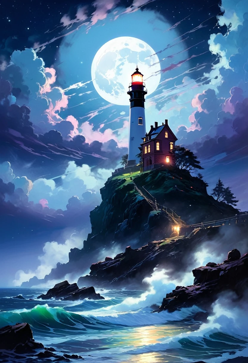 Under the eerie glow of a full moon, a dark and ominous landscape unfolds. A vibrant, colorful ship stands by the edge of a serene ocean, its vivid hues contrasting starkly with the foreboding atmosphere. In the background, a lighthouse stands atop jagged rocks, its light cutting through the darkness and reflecting off the ocean's surface, glistening in the moonlight. Thick, swirling clouds loom overhead, adding to the sense of an evil presence. The moonlight filters through the clouds, casting an otherworldly glow over the scene. A falling star streaks across the sky, adding a touch of mysticism to the night. The air is thick with a sense of ancient secrets and dark magic, as if the very night is alive with hidden power. [romantic impressionism,dream scenery art,beautiful oil matte painting,romantic,style of thomas kinkade,beautiful digital painting,anime landscape,romantic painting,dreamlike digital painting,colorful painting,beautiful gorgeous digital art,style of greg rutkowski,janek sedlar,jenny saville:0] 