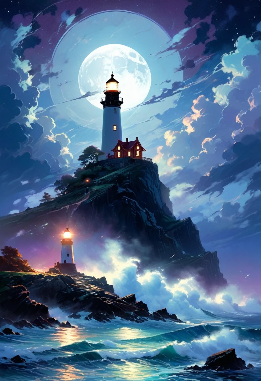 Under the eerie glow of a full moon, a dark and ominous landscape unfolds. A vibrant, colorful ship stands by the edge of a serene ocean, its vivid hues contrasting starkly with the foreboding atmosphere. In the background, a lighthouse stands atop jagged rocks, its light cutting through the darkness and reflecting off the ocean's surface, glistening in the moonlight. Thick, swirling clouds loom overhead, adding to the sense of an evil presence. The moonlight filters through the clouds, casting an otherworldly glow over the scene. A falling star streaks across the sky, adding a touch of mysticism to the night. The air is thick with a sense of ancient secrets and dark magic, as if the very night is alive with hidden power. [romantic impressionism,dream scenery art,beautiful oil matte painting,romantic,style of thomas kinkade,beautiful digital painting,anime landscape,romantic painting,dreamlike digital painting,colorful painting,beautiful gorgeous digital art,style of greg rutkowski,janek sedlar,jenny saville:0] 