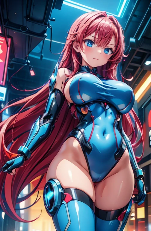 Anime Kawaii sexy Perfect Slim sensual body large breast and huge thighs, An intricate and highly detailed illustration of anime (Young girl). work of art , Kizi ,breasts big. very long red hair , ((shining blue eyes)) , declive , perfect figure , ( technological clothing:1.2) , cyber punk , Prepare your weapon?.future , moderno , in cyber punk city, drlight smile , face detailed ,, , (8k, 最high qualiy 1.2), very detailled, 8k uhd,, soft lighting, high qualiy, film grain, beautiful lighting,, (cinematic:1.4) ,perfectbody , better lighting, best shade, sharpening, sharp contrast,