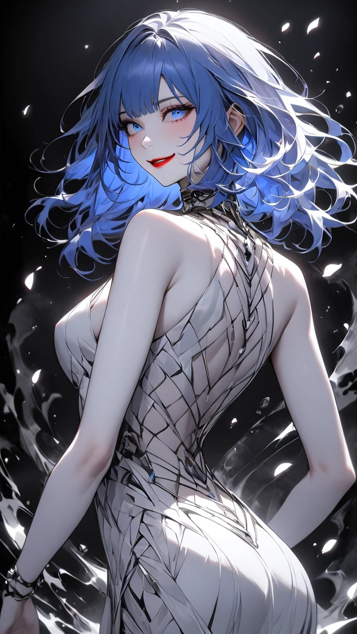 best quality、masterpiece、1 girl、black background、Blue Hair:1.5、blue eyes、Red lips, White clothes、Black and white world、Black and white world、Pale skin、side blades, Smile，(whole body:1.5)，best quality, high resolution