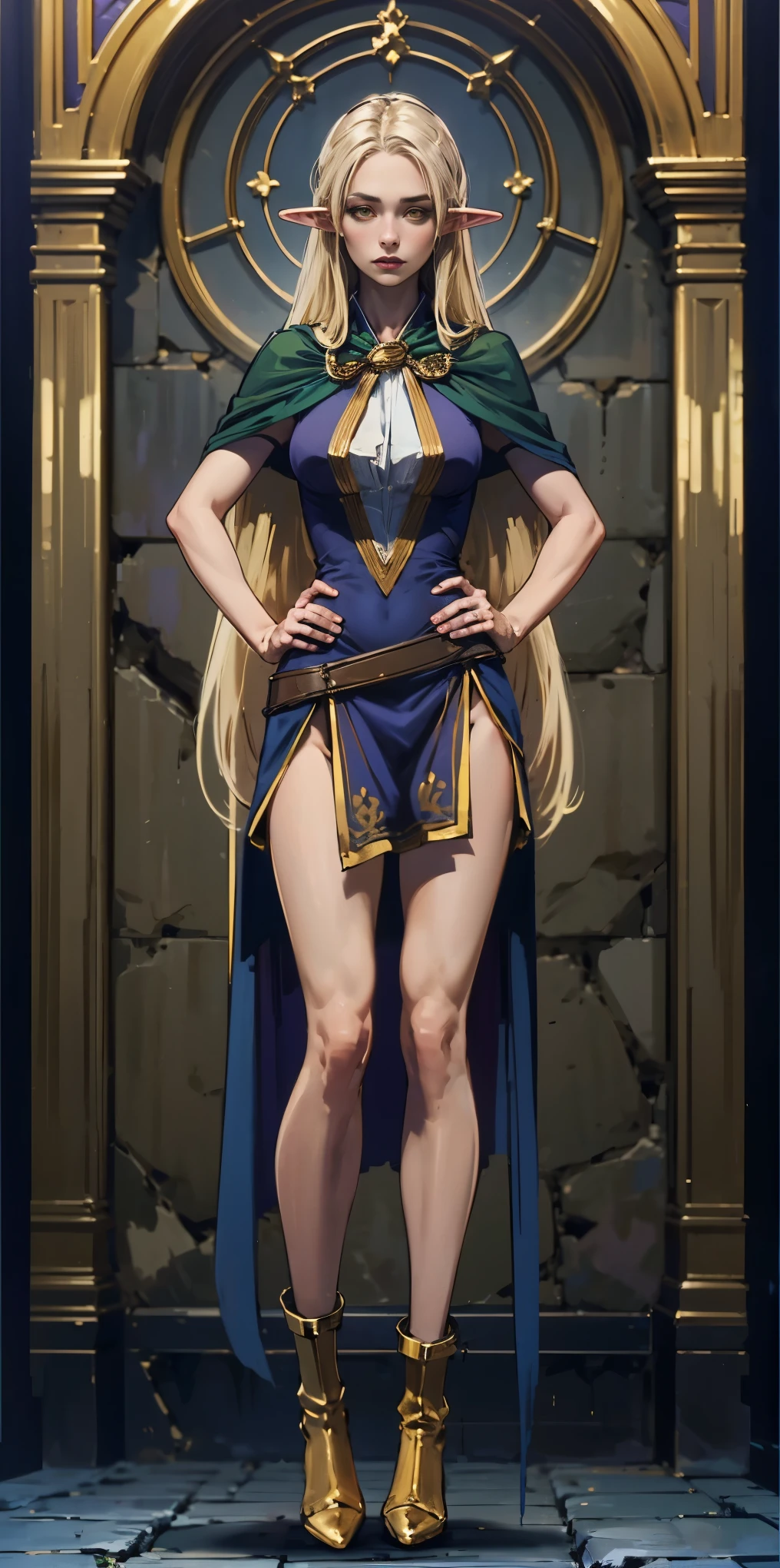 masterpiece, best quality, high quality, Erwin, elf, long hair, pale hair, yellow eyes, purple skin, deep blue cape with golden ornaments (1solofemale full body standing straight symmetrical, hands on hips)