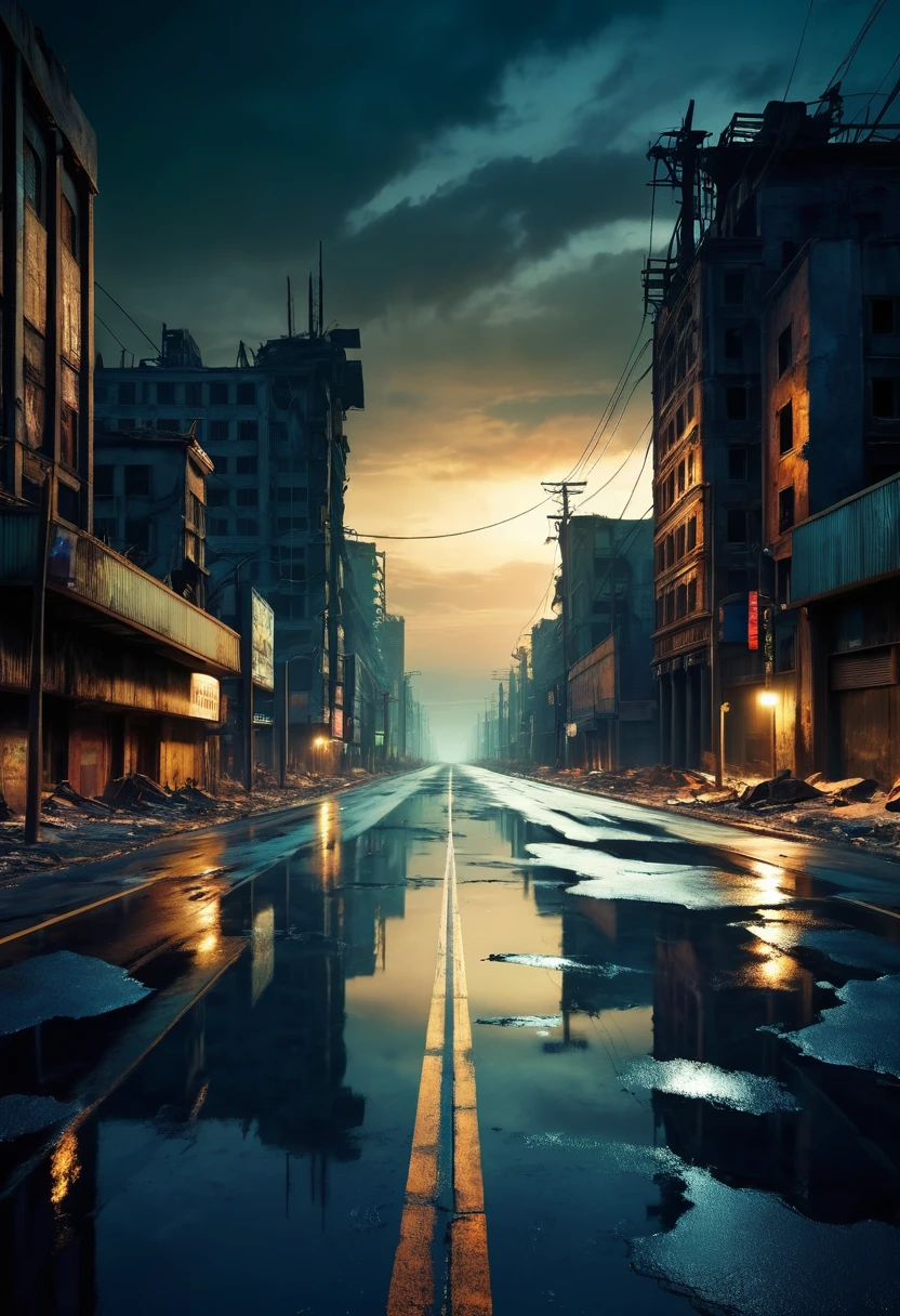Empty city road at night,Post-apocalyptic Fallout World
