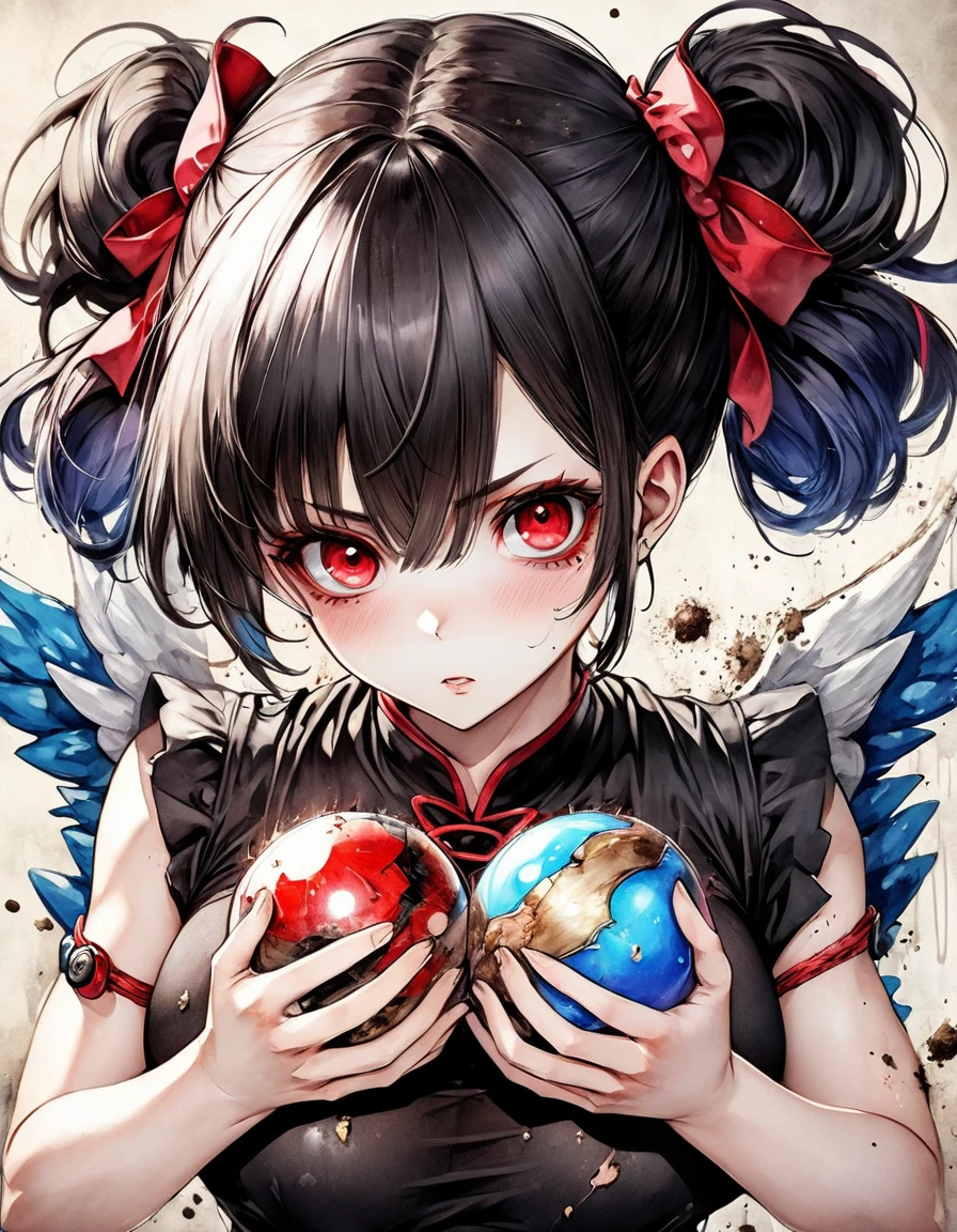 anime 4D vivid color Angel Devil and fun power magical, rough sexy big titis chun-li rsized fashion grunge fashion, top view (holding esferas do dragão dbz in hands) dystopian ugh shading Surréalisme watercolor painting style, stylize 1000 line art, watercolor wash, by inacofairy,rugged, dirty, big red eyes, reflective red Sharingan eyes perfects eyes, Gritty Realism, dirt, dark glowing eyes, anime style, intricate detailed, bright colors, fantasy, concept art, digital art, intricate, oil on canvas