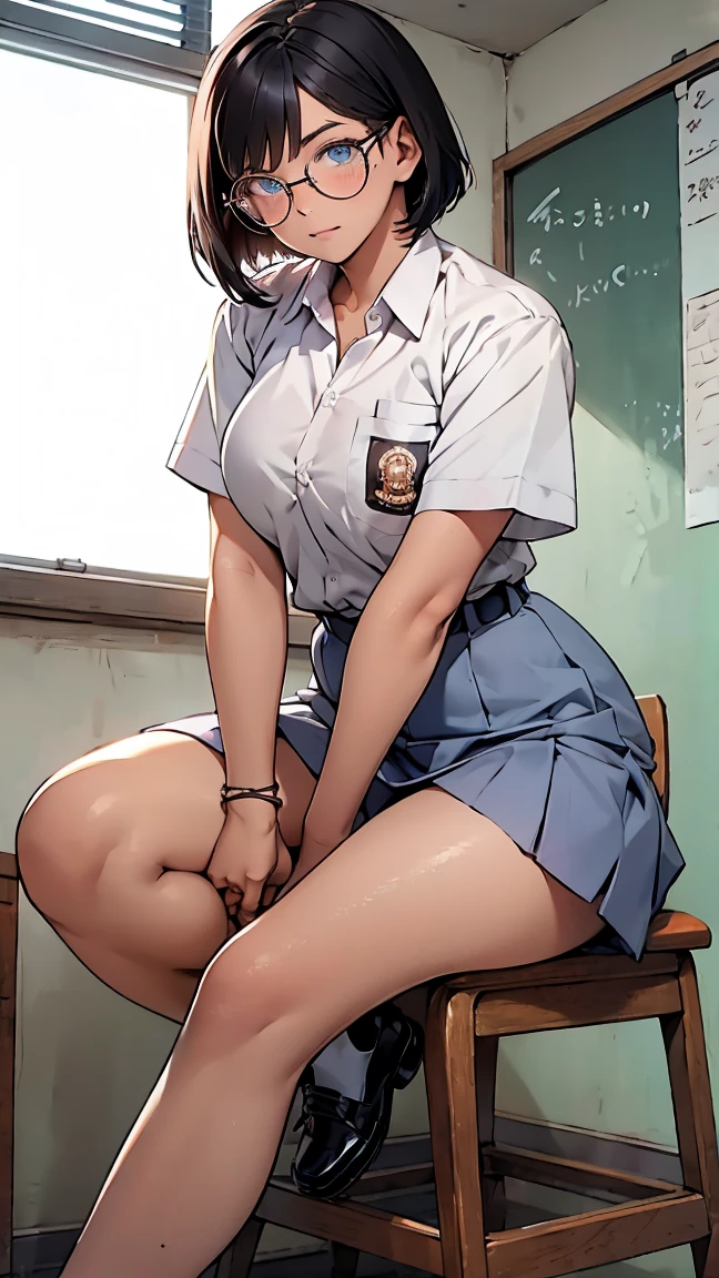 Best quality, 1 woman, , (short bob haircut, black hair), scared face expression, plump body, blue eyes, Indonesian high-school uniform, (wearing transparent white shirt), osis logo on shirt pocket, huge XL breasts, light-grey pleated skirt, sitting down, seductive pose, full body shot, shy face, blush, looking_at_viewer, glasses, black-framed eyewear, in the classroom,