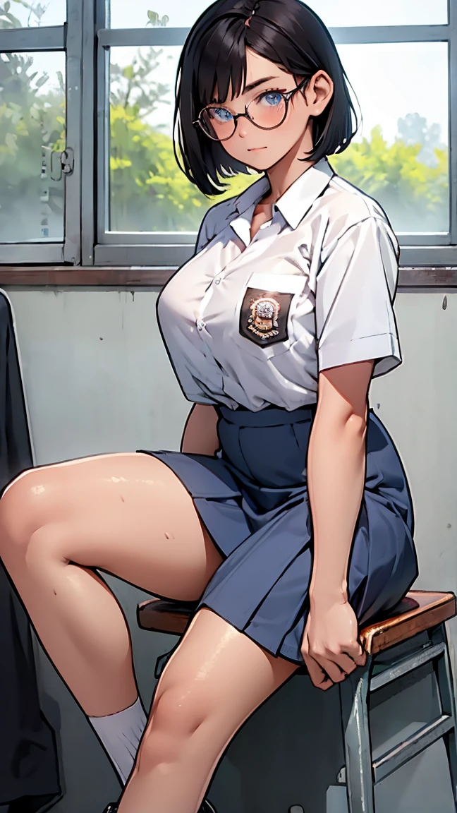 Best quality, 1 woman, ************, (short bob haircut, black hair), scared face expression, plump body, blue eyes, Indonesian high-school uniform, (wearing transparent white shirt), osis logo on shirt pocket, huge XL breasts, light-grey pleated skirt, sitting down, seductive pose, full body shot, shy face, blush, looking_at_viewer, glasses, black-framed eyewear, in the classroom,