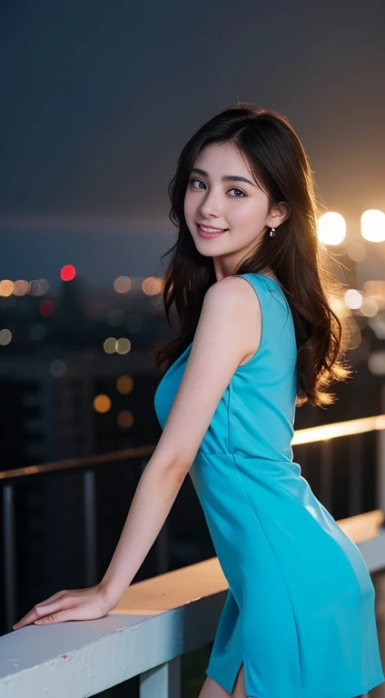 8k, masterpiece, RAW Photos, Highest quality, Realistic, extremely detailed CG unity 8k wallpaper, Depth of written boundary, Cinematic Light, Lens flare, Ray Tracing, (Very beautiful face, Beautiful Lips, Beautiful Eyes), Exquisitely detailed face, ((Highly detailed skin)) One girl, In the Dark, Deep Shadow, Cute Asian Girl, ((View your viewers)),(big smile), (Blurred Background), midnight, (pretty girl), Earrings, bracelet, necklace, Clear Eyes, (Pale skin), Look forward, (Big eyes), (View your viewers), Large Breasts ,((smile)), rooftop, Dim lighting, ((night)), Cityscape, blue eyes, Golden Dress, Mini Dress, Open chest, Balcony, Very slim, (Medium Butt), See-through dress, Thick thighs, Open chest