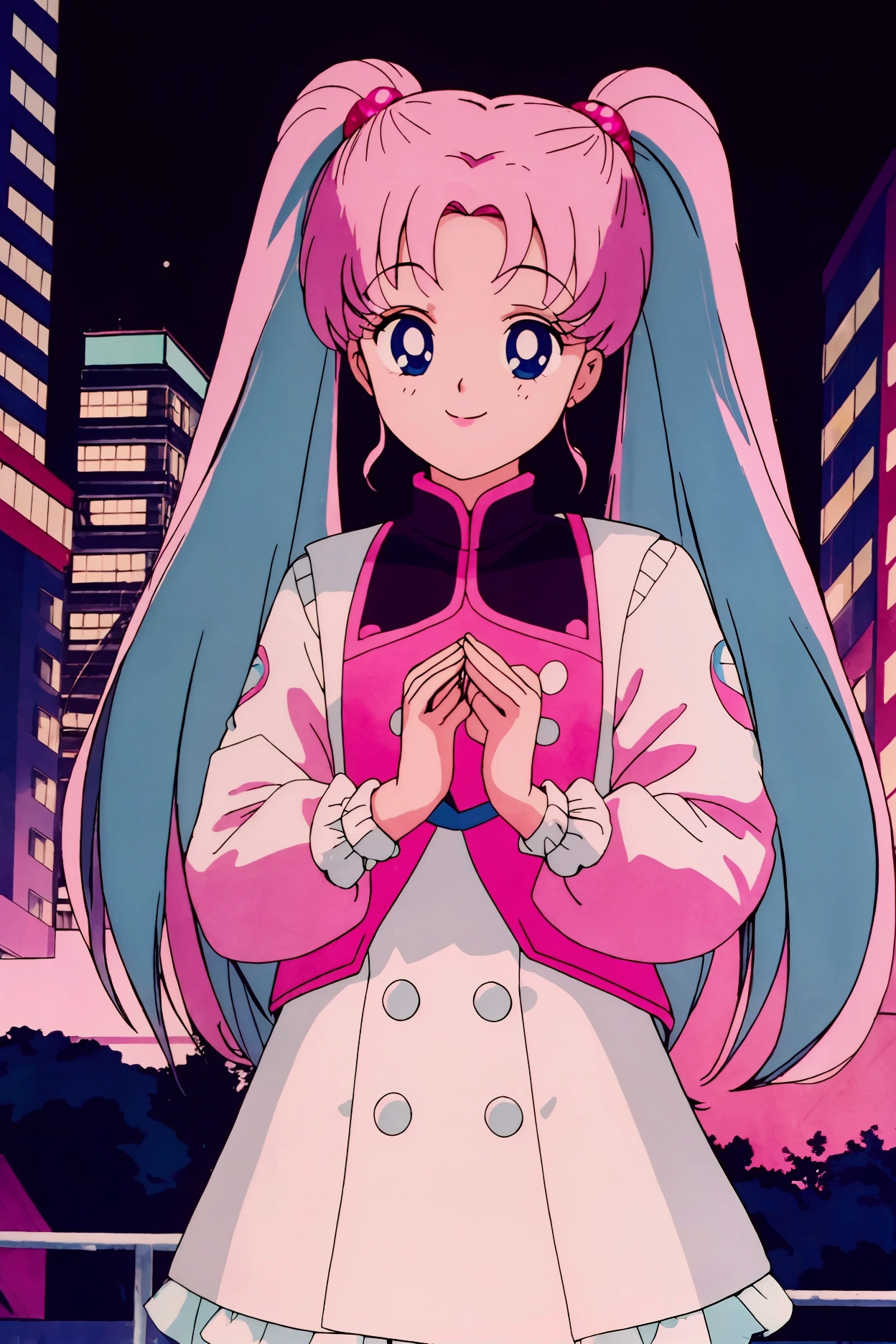 Highest quality,smile,girl,cute,Long Hair,Light blue eyes,Pink Hair,Twin tails,smile,Background night city,