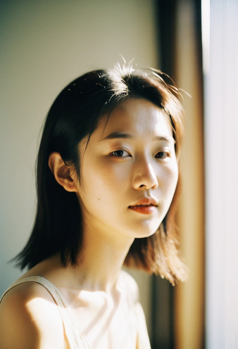 backlit portrait of a young asian woman, soft sunlight halo around her head, straight face, light leaking from an overexposed window, neutral, relaxed expression, 25 years old, film-like texture, inspired by wong kar-wai, masterpiece
