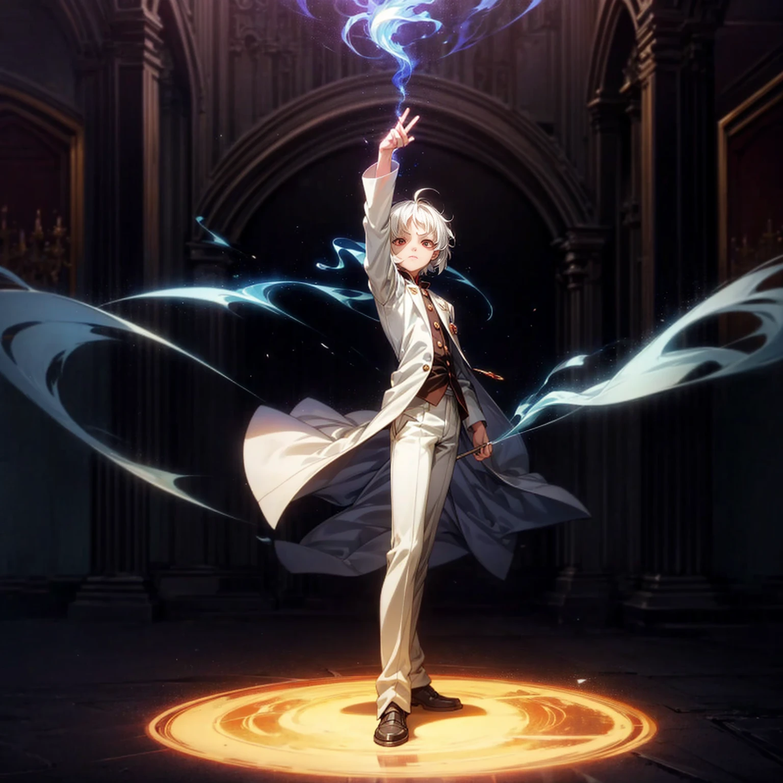 Solo, ??? vampire, ??? boy, Full body version, light red eyes, wavy haircut, white color hair, suit style outfit, Grassroots, full background indoor room Castle, motion blur, lighting, (one piece style art), light fire on hand, light fire in hand, standing gesture, light fire blue, smoke effect, plasma effect, aura effect, evening, ultra detailed