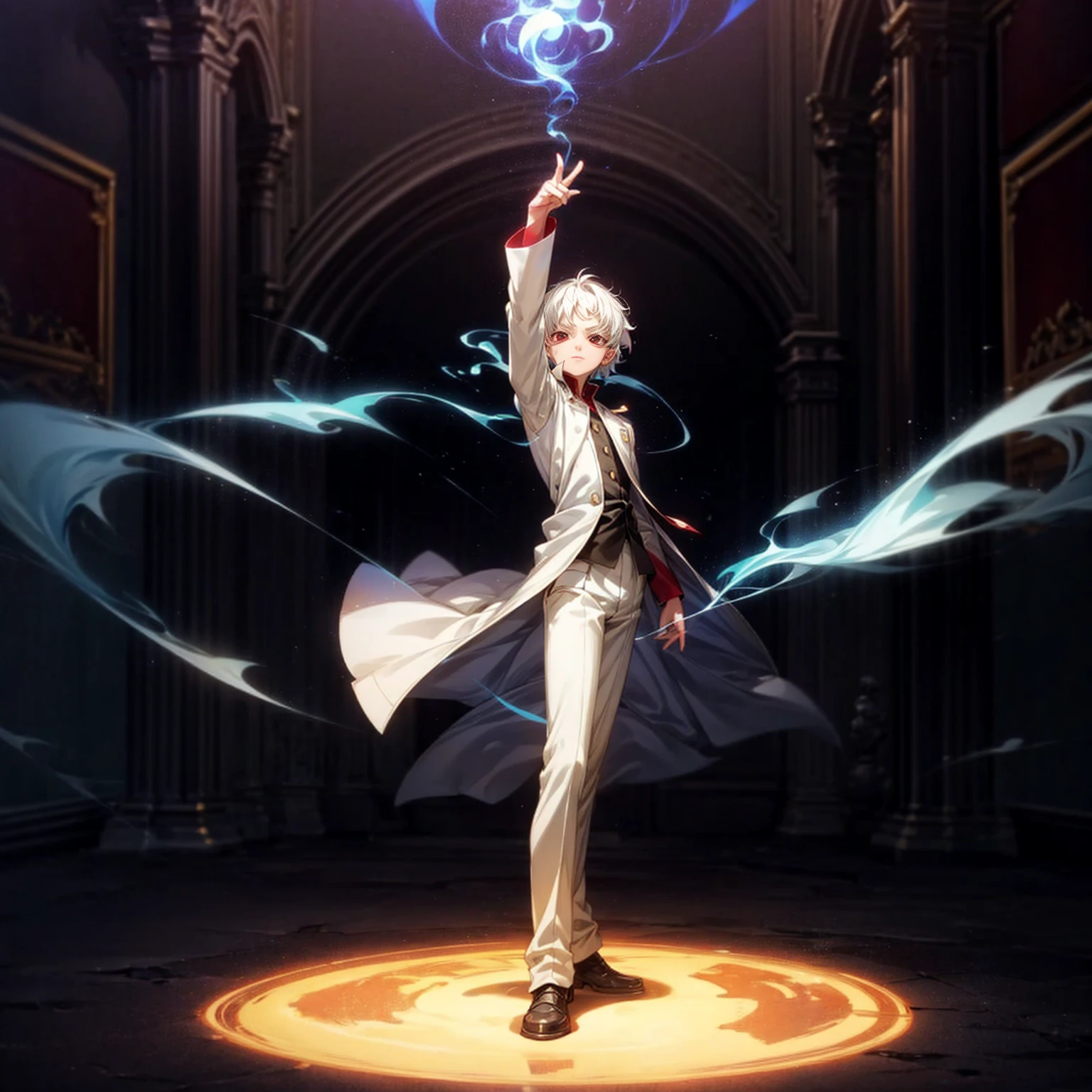 Solo, kid vampire, kid boy, Full body version, light red eyes, wavy haircut, white color hair, suit style outfit, Grassroots, full background indoor room Castle, motion blur, lighting, (one piece style art), light fire on hand, light fire in hand, standing gesture, light fire blue, smoke effect, plasma effect, aura effect, evening, ultra detailed