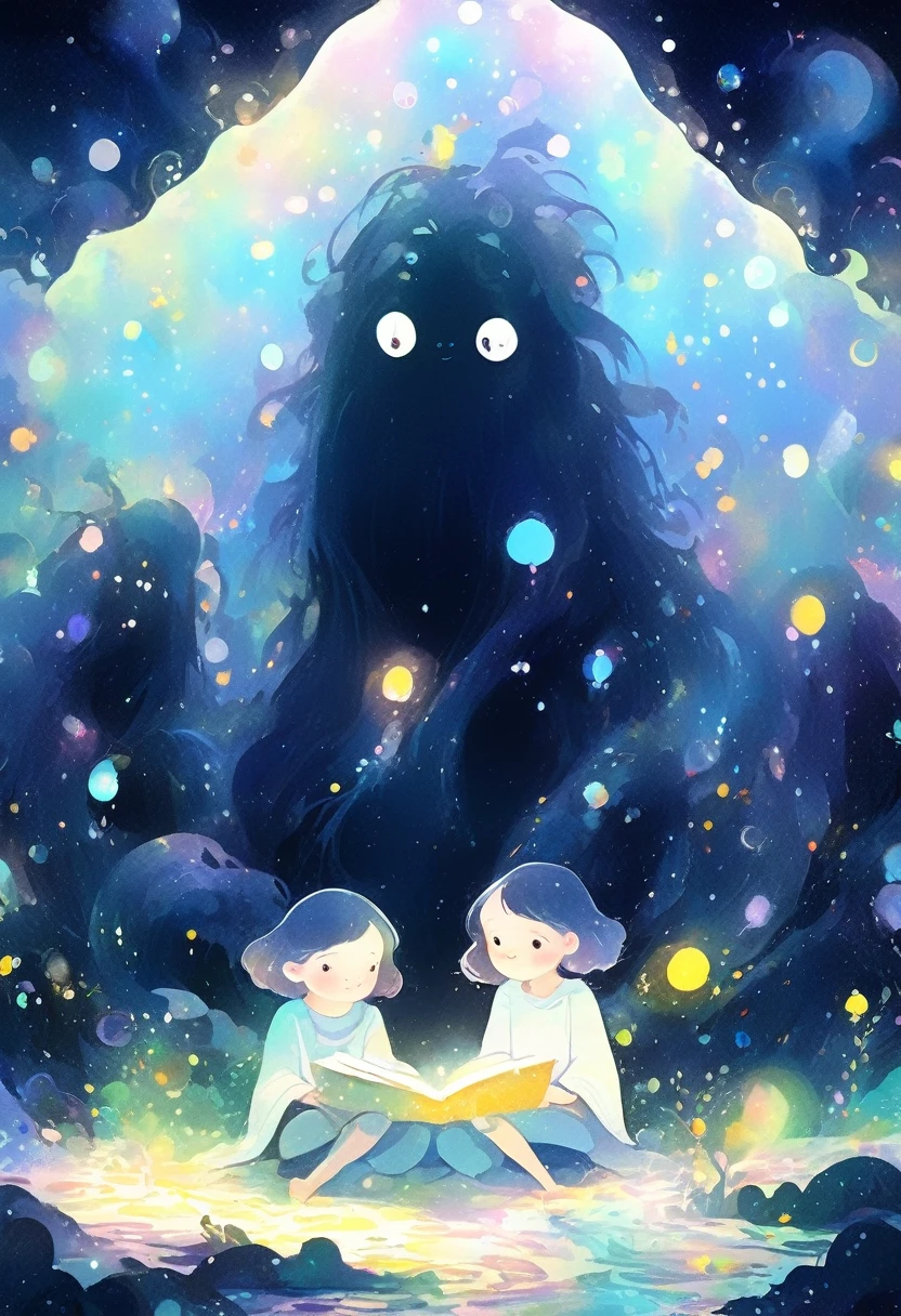 by Julien Arnal,Abstract Pictorial,Cartoon illustration,Sequins,Ambilight,Healing gouache,Starry Sky,Dark night shimmer,Youth Manga,Glass candy wrapper,Bright tones,Gustav Klimt,A huge strange monster and several tiny monsters,Gather together to read books,gorgeous,Beautiful illustrations,Ultra-high-definition picture quality,Self-luminous,Dark Magic,Tyndall Light,Large area of white space,The character is in the center of the frame,Morandi color tone,アニメ,Style,Minimalism,32K,Stable composition,Complex details