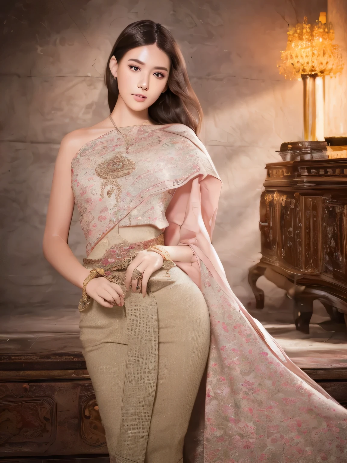 (RAW photo:1.2), (photorealistic:1.4),(masterpiece:1.3),(best quality:1.4),ultra high res,(detailed eyes),(detailed facial features),(detailed clothes features),HDR,8k resolution, solo focus,thai tradition dress,tradition shawl ,golden jewelry,1 girl ,facing to viewer,full body, depth of field,cinematic light,(adorable girl with rim lighting :1.2), (((perfect body shape ))),,21 year old ,(Eurasian face),(pale skin),(gorgeous short hair:1.1),(dark hair:1.11), Random body orientation,