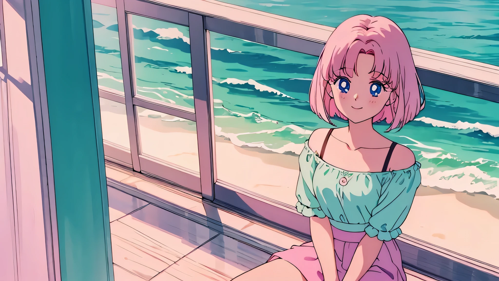 Highest quality,smile,girl,cute,Short Bob Hair,Pink Hair,Light blue eyes,Off-the-shoulder tops,mini skirt,Looking up,Background: A window with a view of the ocean,