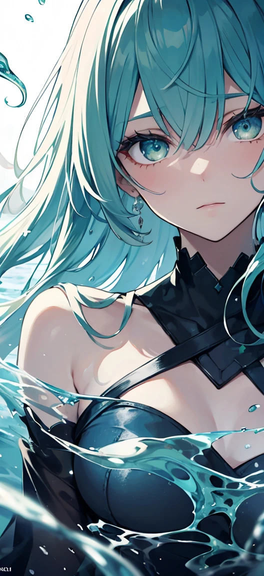 sea witch painting, Long Green Hair, evil, evil党, She is coming to you, Close-up, Dark Ocean,( In the water:1.1), lightning, Bright Eyes, Wearing a dress made of algae, Tentacles, octopus, (Close-up:1.3)