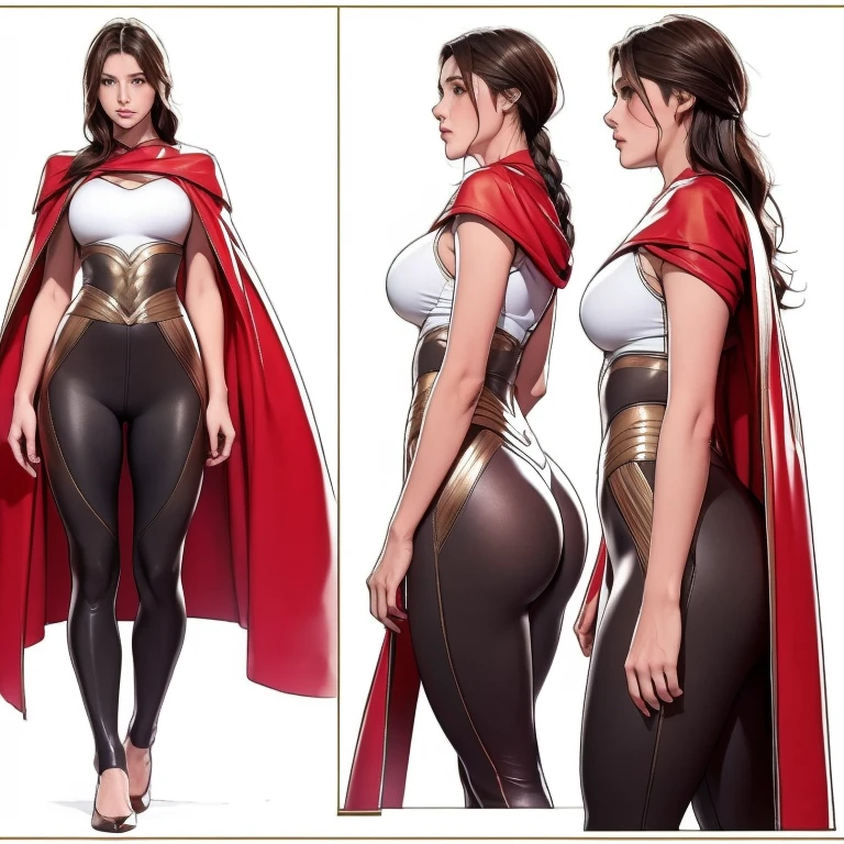 Detailed character sheet, Front view, Side view, Oblique view, with a white returnground, show women, 30 years old, with short dark brown hair combed return, 1 female warrior, Wavy Cape, long flowing hair, Swordsman Style, Light Armor, (Earth-toned long leggings), Slim figure, Toned thighs, Tight round ass, Low angle shot, From below, The seat includes different angles, Front desk etc.., return, and Side views, Model and Reference Sheets, Full body painting. The ratio is based on 7.5 Head Scale.