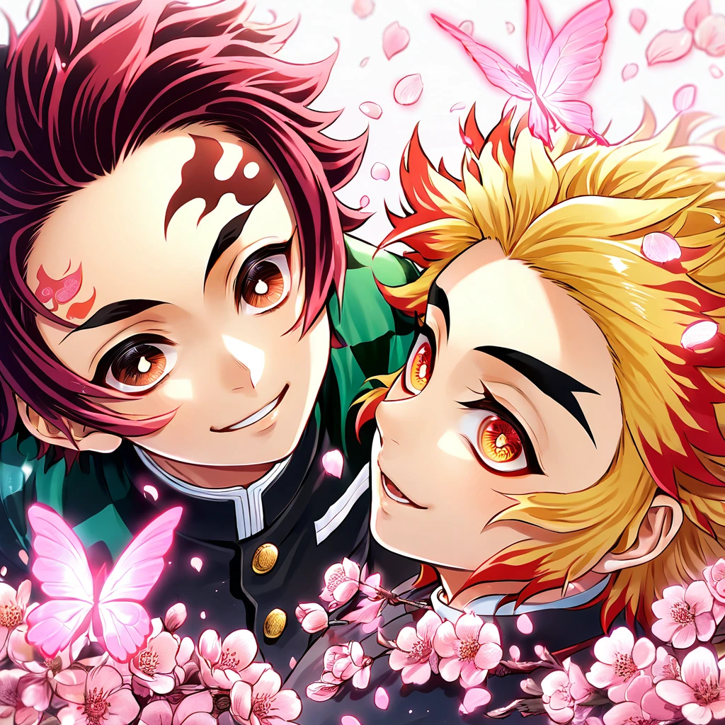 absurdres, highres, ultra detailed, HDR, master piece, best quality, extremely detailed, Kamado Tanjirou, red burgundy hair, expressive red eyes, Kimetsu No Yaiba, Rengoku Kyojuro, blonde hair, expressive orange eyes, two sexy men together, yaoi, gay couple, handsome, smile, demon slayer uniform, fantasy, magical, sparkling, pink glittering fireflies, pink ice, pink ice butterflies, pink ice petals, pink ice cherry blossoms, pink crystal