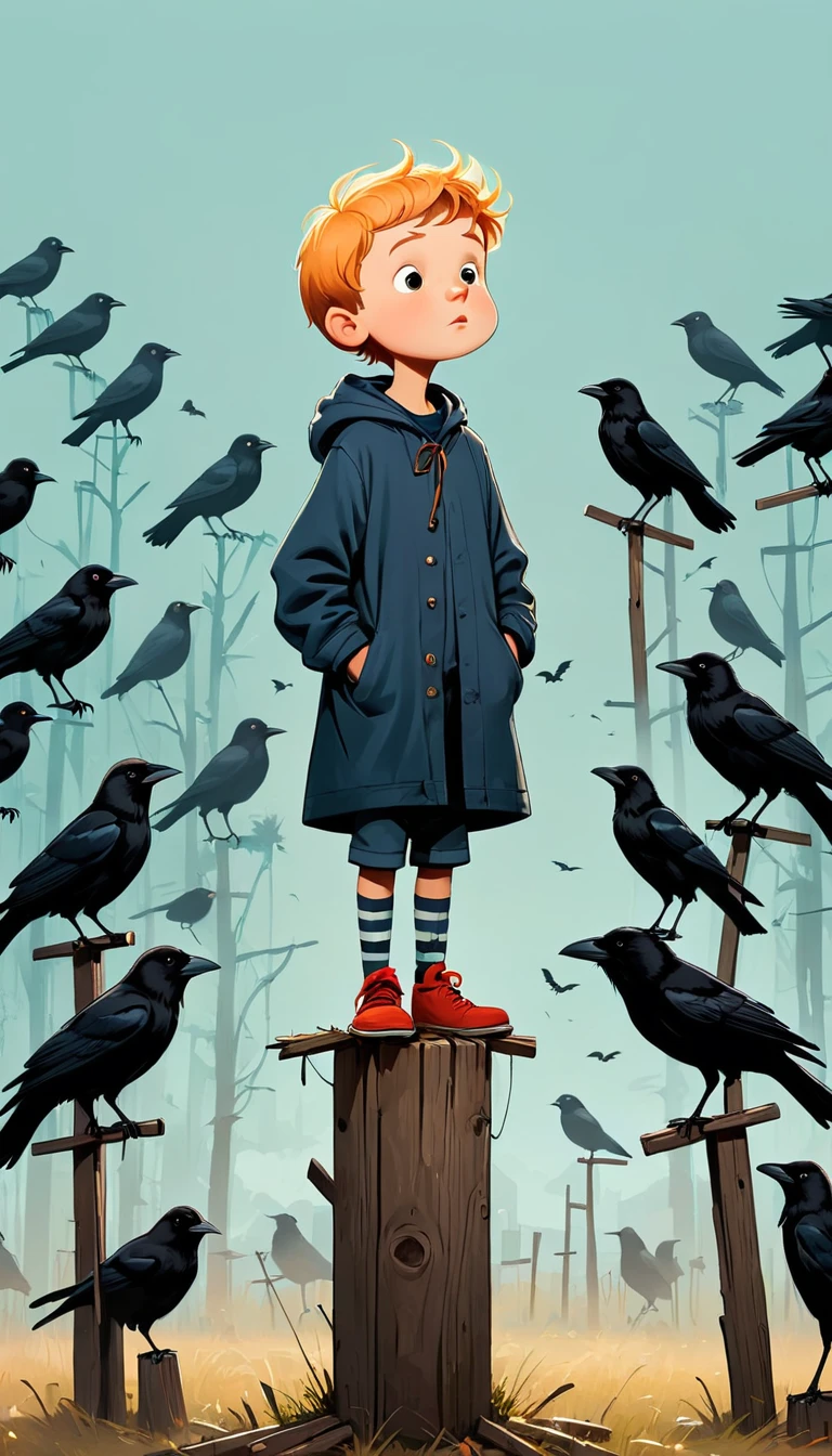Ewa Poklewska-Koziełło,Cartoon graffiti ,Little boy standing on wooden stake,A flock of crows,Fear of heights,whole body, Solid color background