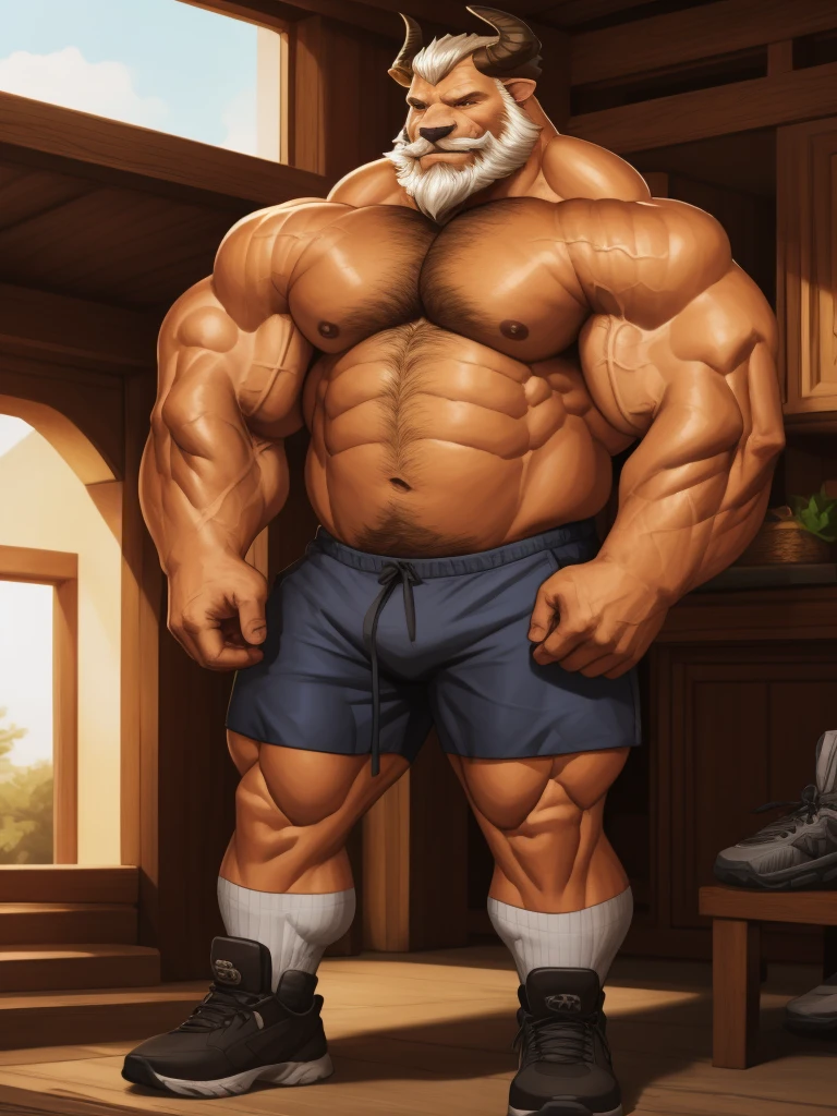 a potrait, half body, semirelistic:1.2, ((huge horn's, black horn's)), thick beard, thick mustache, massive muscle, masterpiece, detailed face, muscular old man in front house, old man, bearded. white hair and beard, bearded, ((muscular, pectoral, wide pectoral, huge pectoral, thick arm, huge arm)), realistic, 8k, masterpiece, (wearing shorts and shirtless:1.3, topless, shoes), smile, brown bear