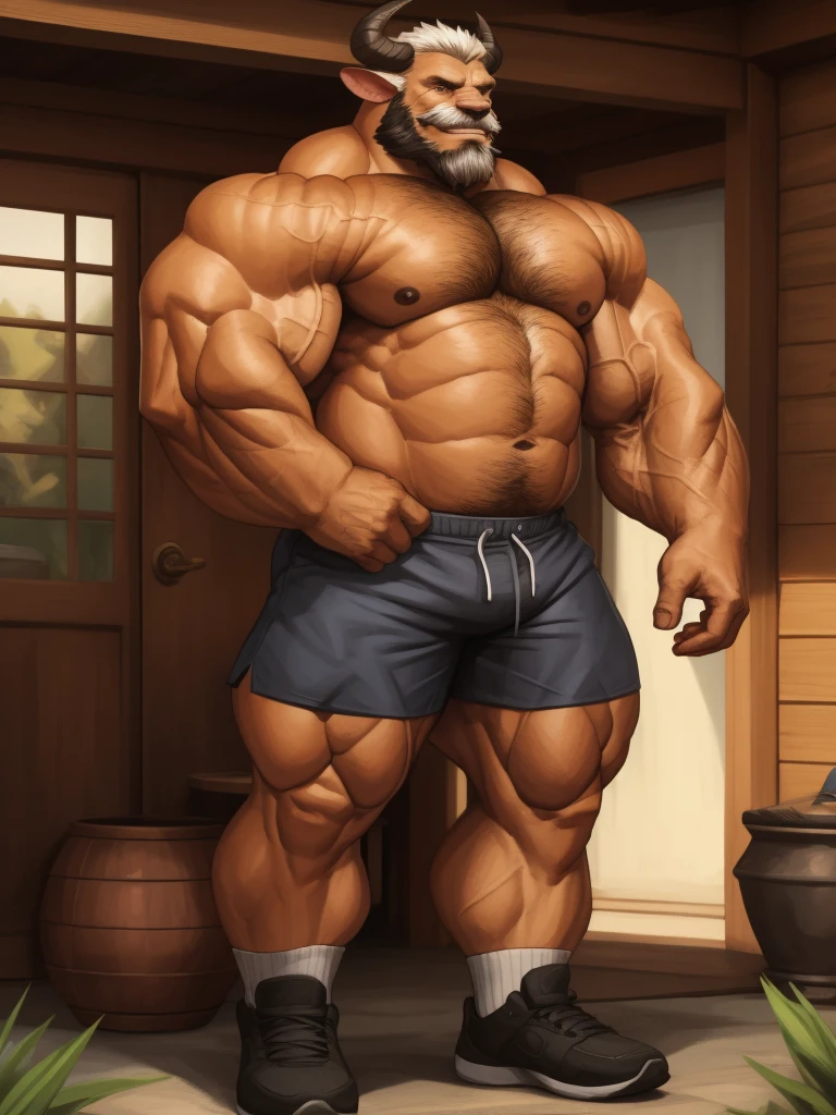 a potrait, half body, semirelistic:1.2, ((huge horn's, black horn's)), thick beard, thick mustache, massive muscle, masterpiece, detailed face, muscular old man in front house, old man, bearded. white hair and beard, bearded, ((muscular, pectoral, wide pectoral, huge pectoral, thick arm, huge arm)), realistic, 8k, masterpiece, (wearing shorts and shirtless:1.3, topless, shoes), smile, brown bear