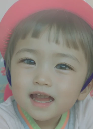 Realistic color photography style、Smiling emphasizes nasolabial folds. Make the chin a little thinner and accentuate the nasolabial folds.、I want it to look more like a color photograph...........。3 year old boy, Xu々To、Clearly visible、Emphasizes deep nasolabial folds from nose to mouth、Generate left and right dimples、Show me your beautiful smile.。Make your eyes look cute with double eyelids.More more more more、Generate a color photo